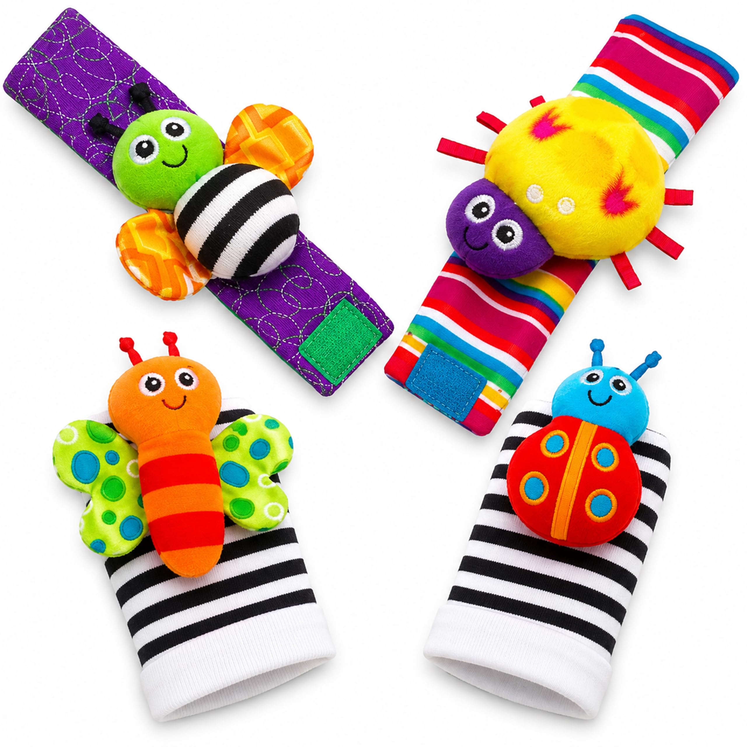 MOM CARE Cotton Rattle Wrist Foot Finder Baby Toys, Teethers,Baby Gift for Newborn Infants Set of 4 pcs Colouful (Wrist and Foot Rattle)-image-36