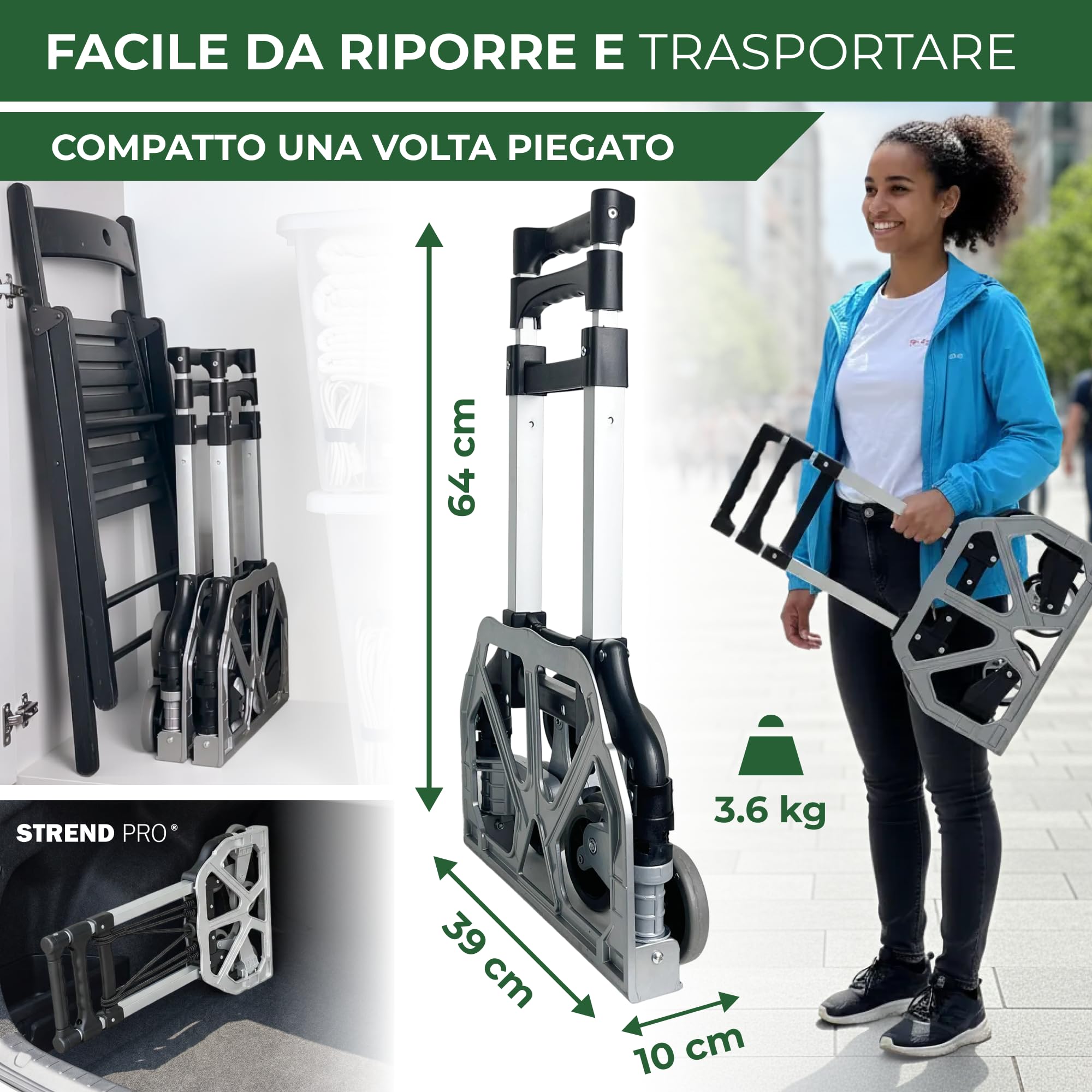 STREND PRO Carrello Saliscale 80kg | Carrello Pieghevole Per Scale con Sistema a 3 Ruote | Robusto Carrello Trasportatore per Scale & Gradini | Carrello a Mano Regolabile in Altezza & Compatto
