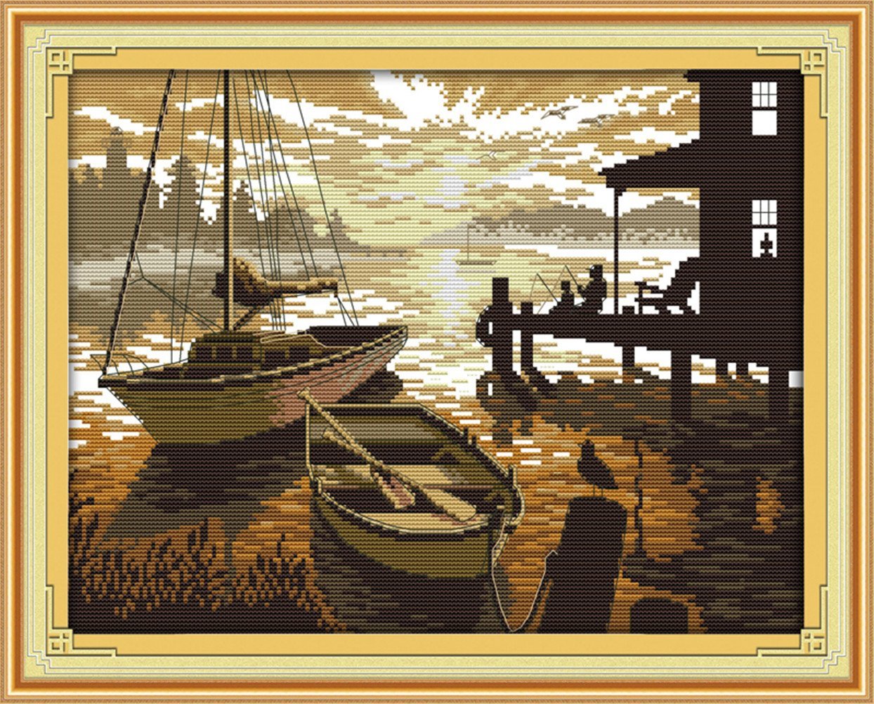 YEESAM ART Unstamped Cross Stitch Kits for Adults, Sunset Landscape 14ct Counted Unprinted Embroidery Kit Needlework Wall Art Decor