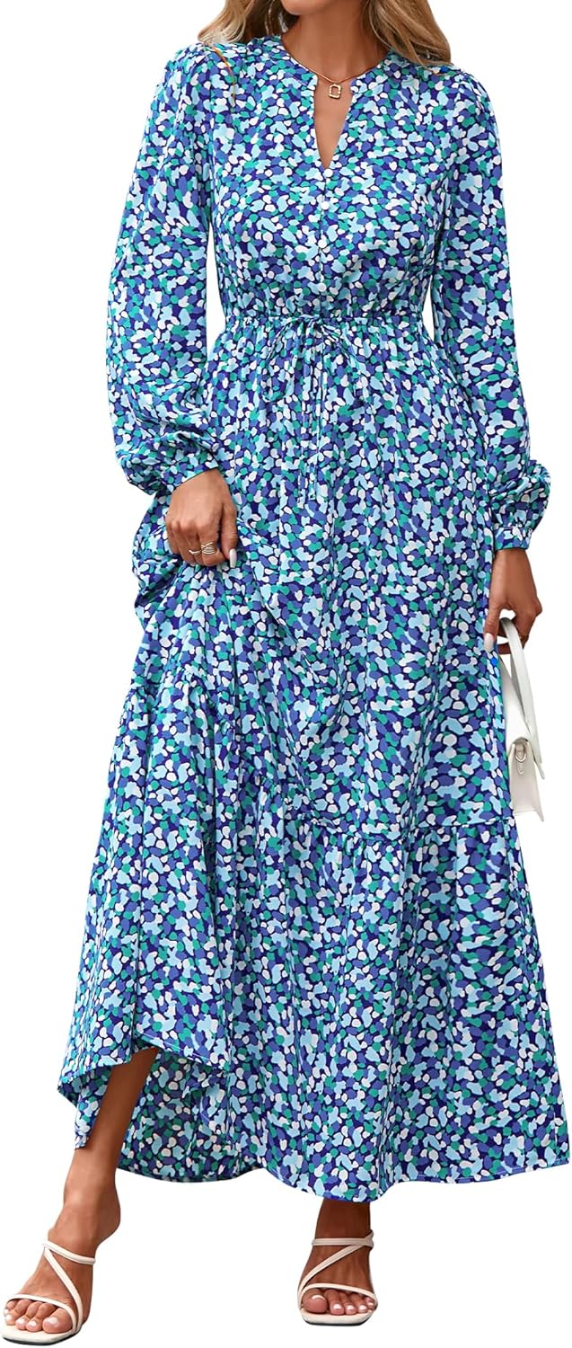 BTFBM Women Boho Maxi Dress Fall Fashion 2025 Floral Long Sleeve V Neck Button Pockets Flowy Vacation Wedding Dresses