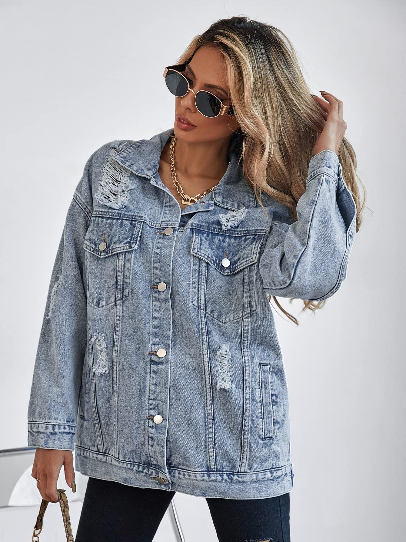 Giacca di jeans oversize per le donne giacca di jeans strappata boyfriend manica lunga Trucker Coat