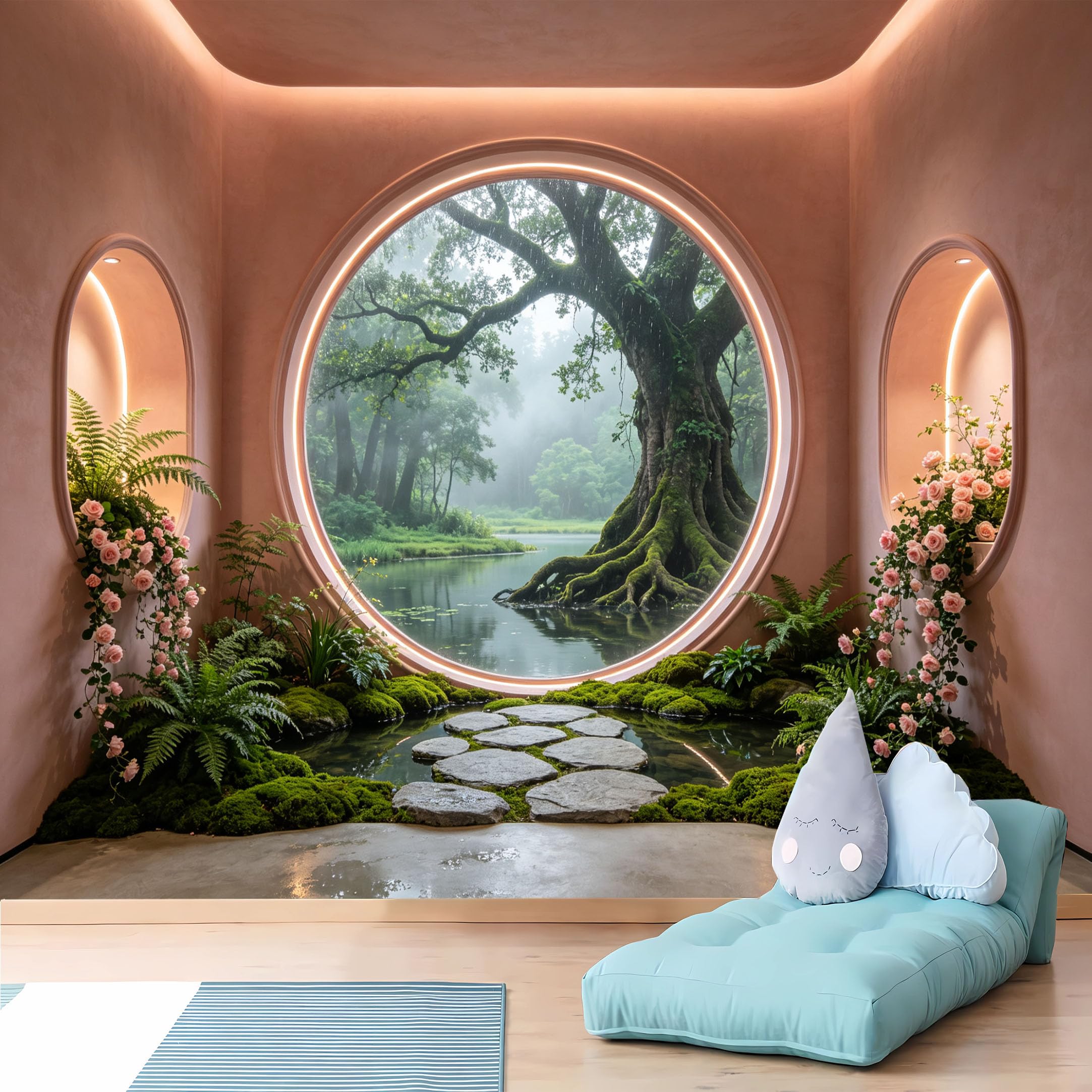 Custom Size Wall Murals Pink Frame Misty Forest Lake Wall Murals Nature View Wallpaper Wall Covering Fabric Self-Adhesive Removable Wallpaper for Living Room Bedroom