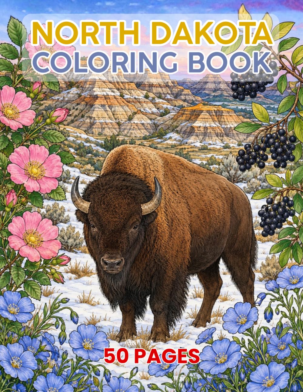 North Dakota Coloring Book: 50 Single-Sided Coloring Pages Featuring State Landscapes, Wildlife, Flowers, Landmarks, and Prairie Scenes