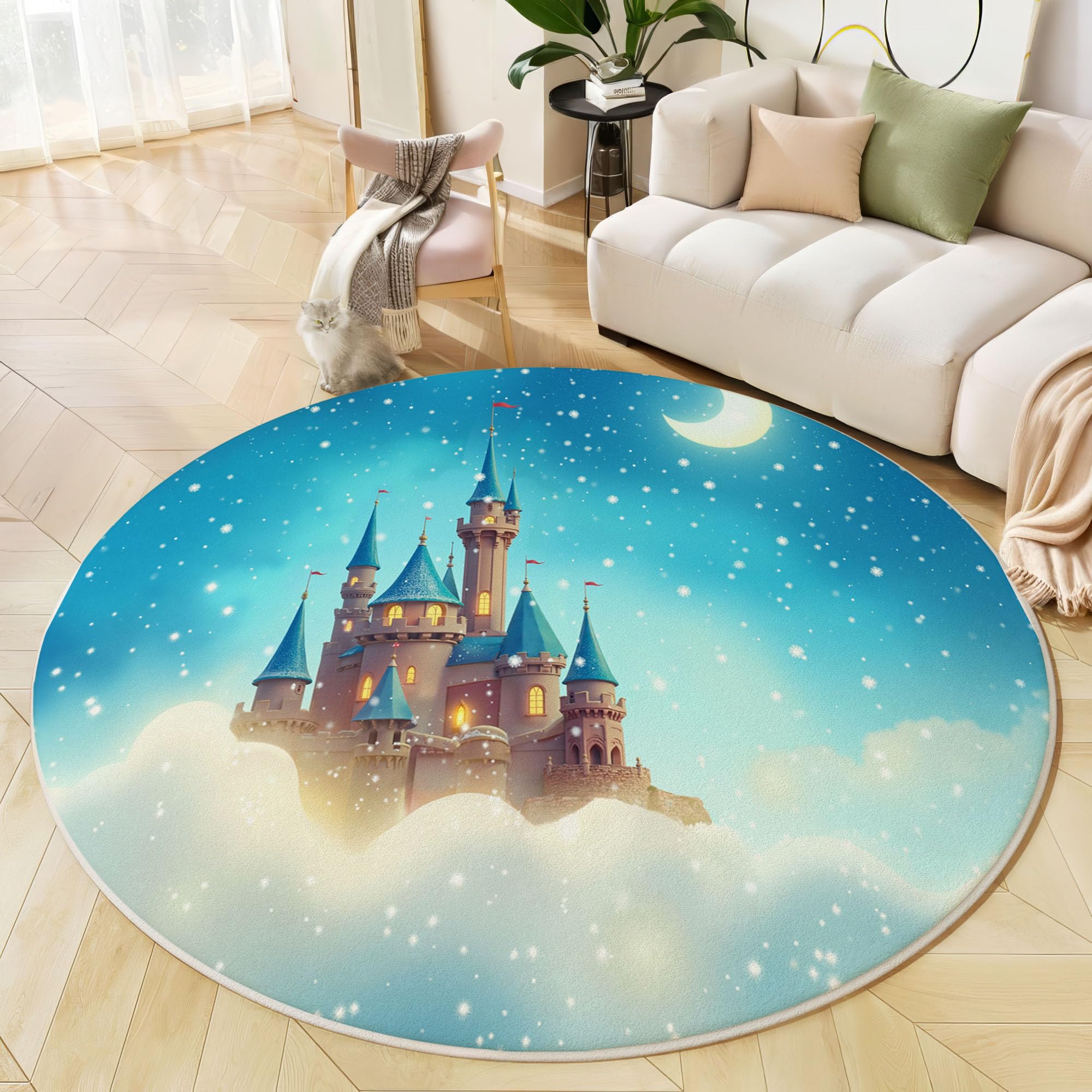 Tapis pour Enfant Rond 120cm - Tapis Doux et Douillet - pour Salon - Tapi pour Filles - Chambre à Coucher - Chambre d'enfant - Tapi Fin - Thème des rêves Château, étoiles et Lune