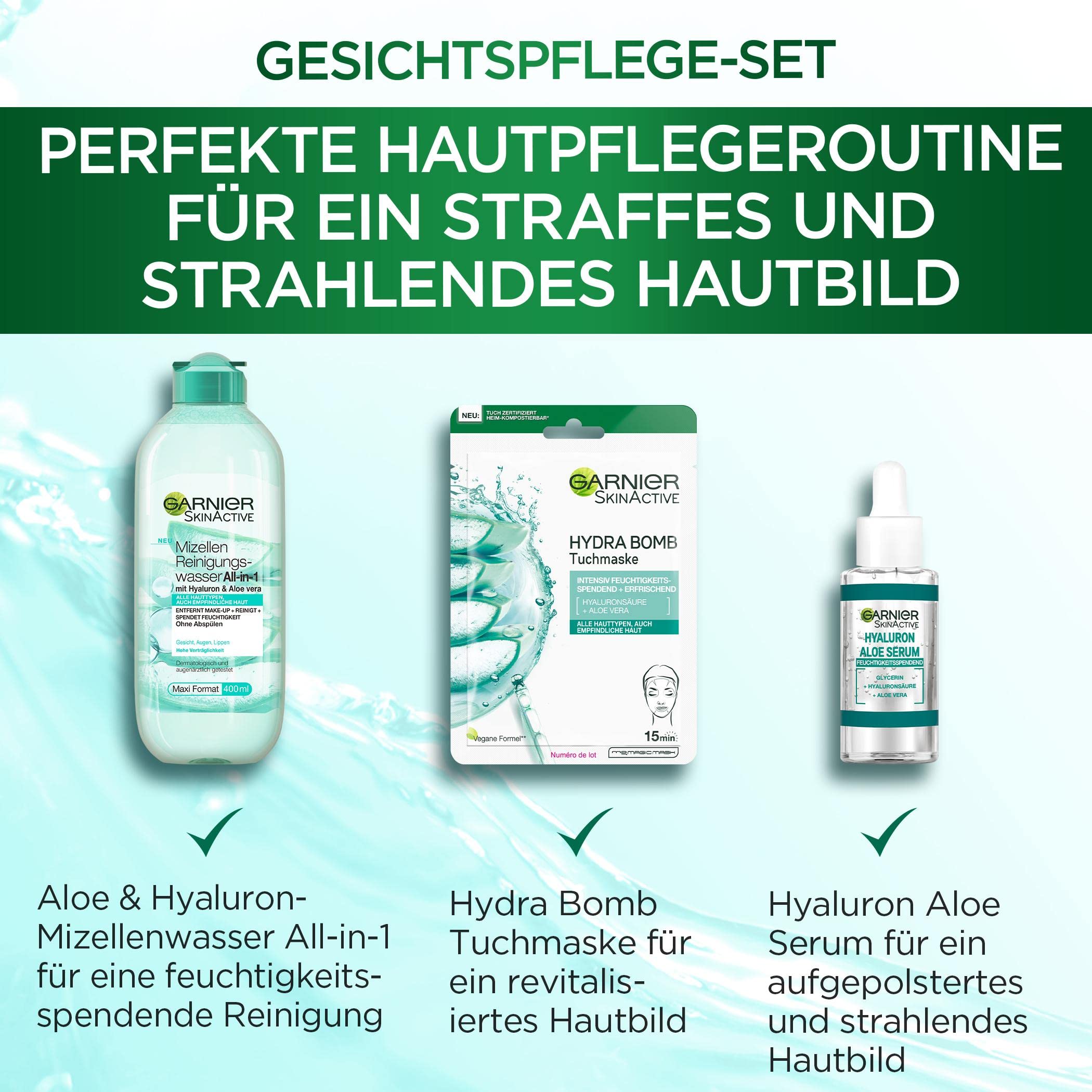 Garnier Pflegeset fr das Gesicht, Mit Mizellen Reinigungswasser, Hyaluron  Aloe Serum und Aloe Vera Tuchmaske, Fr einen strahlenden Teint, Skin  Active, Hydra Bomb, 3-teilig : Amazon.de: Kosmetik