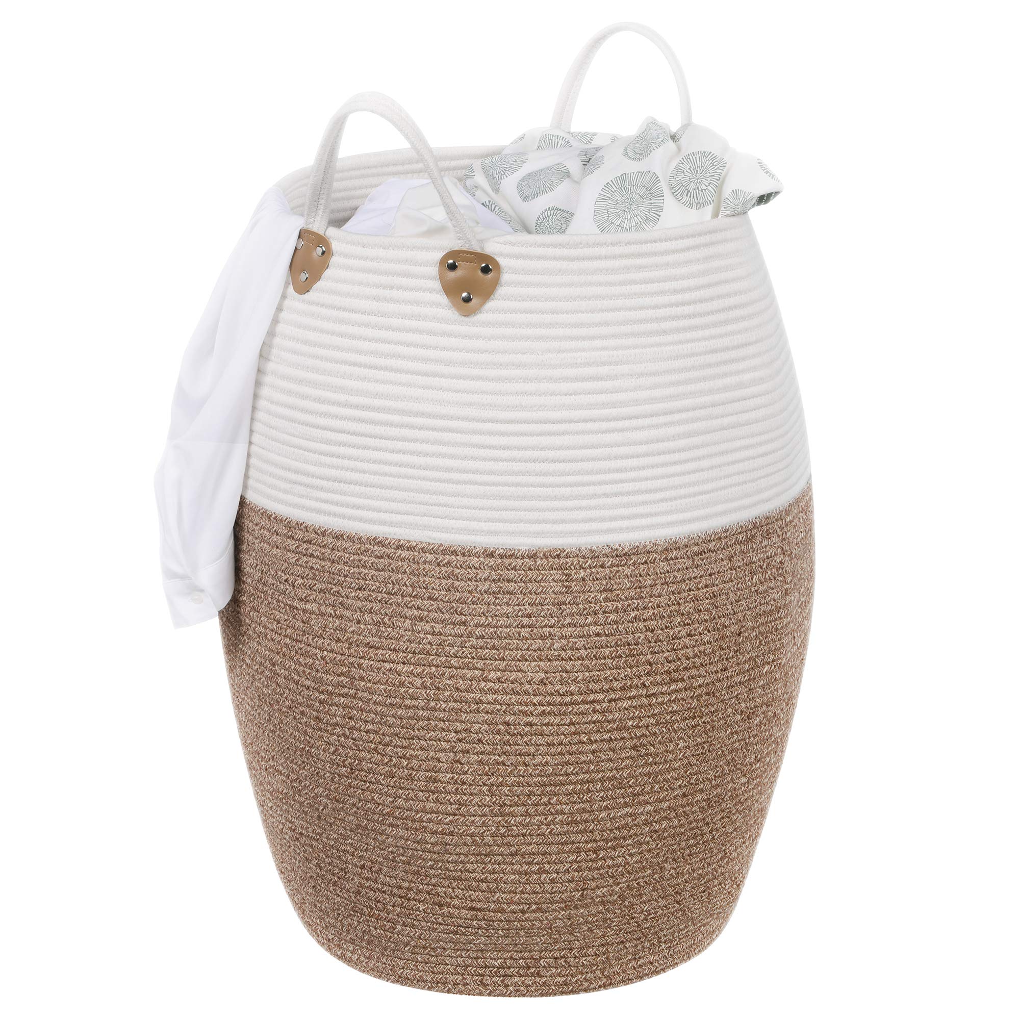 SONGMICS Cesto in Corda di Cotone, Cestello Portaoggetti con Maniglie, Portabiancheria da 125L, per Abiti Giochi Coperte, Salotto Camera da Letto, 50 x 65 cm (Diam. x A), Marrone e Beige LCB421N01