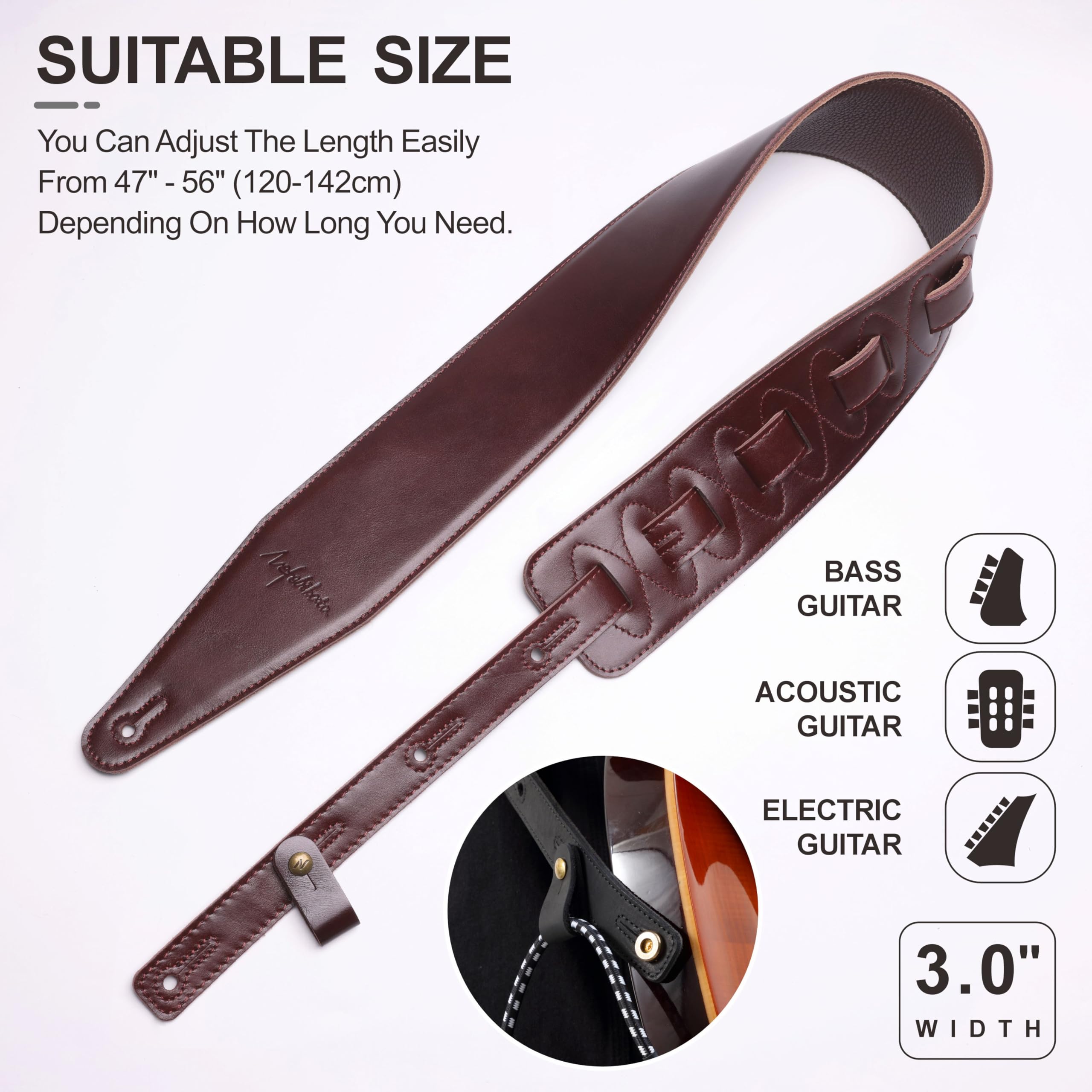 Nefelibata Correa de guitarra de 3 pulgadas de ancho, correa ajustable de piel de grano completo con acolchado de espuma para bajo, eléctrico y acústico, Marrón rojizo, Einstellbar von 47" bis 56"