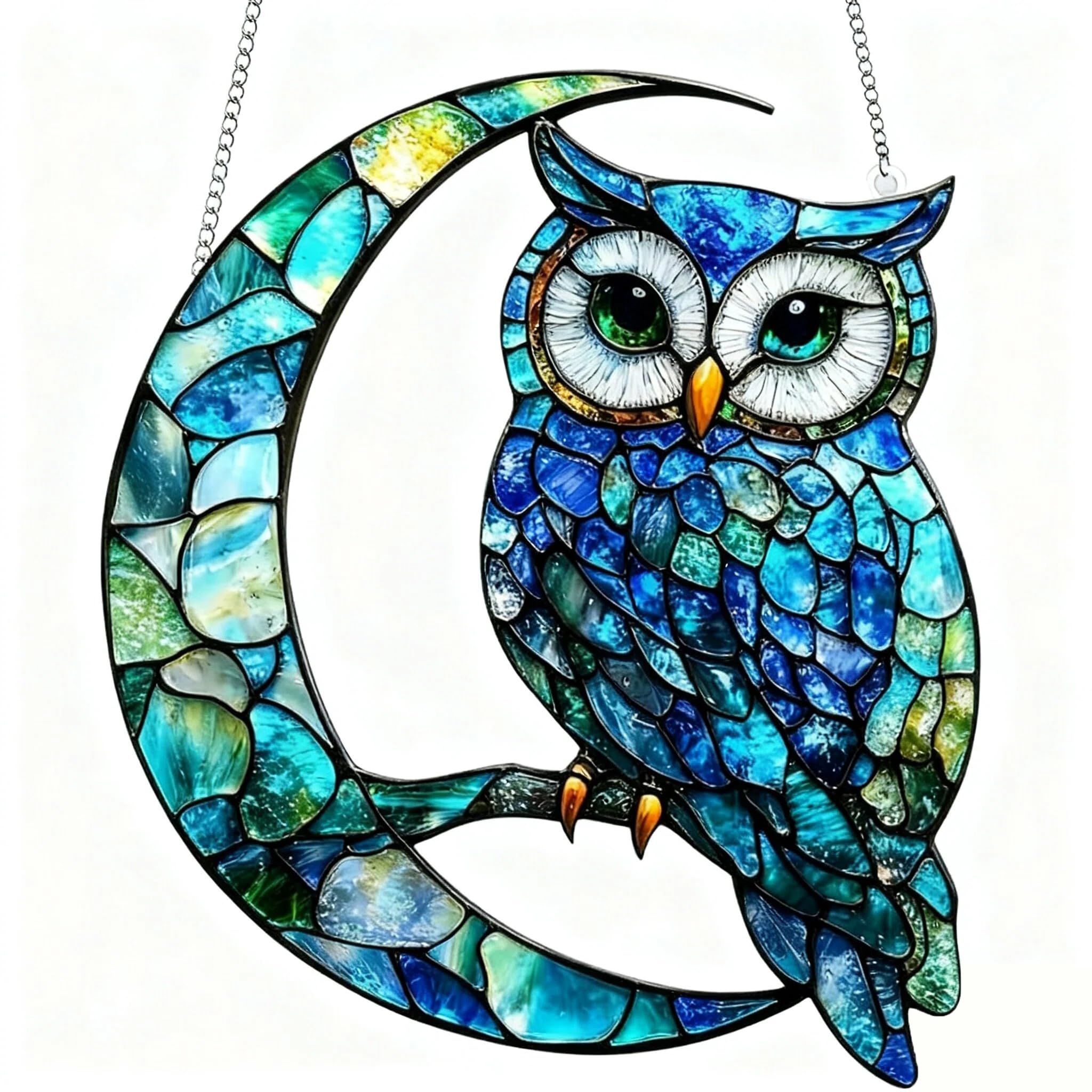Embhlitfe Blue Owl Suncatcher,Owl Sun Catcher for Window Hanging Decoration Owl Garden Ornaments Outdoor,Acrylic Stained Glass Ornament for Window Wall Hanging Garden Fence Decorations
