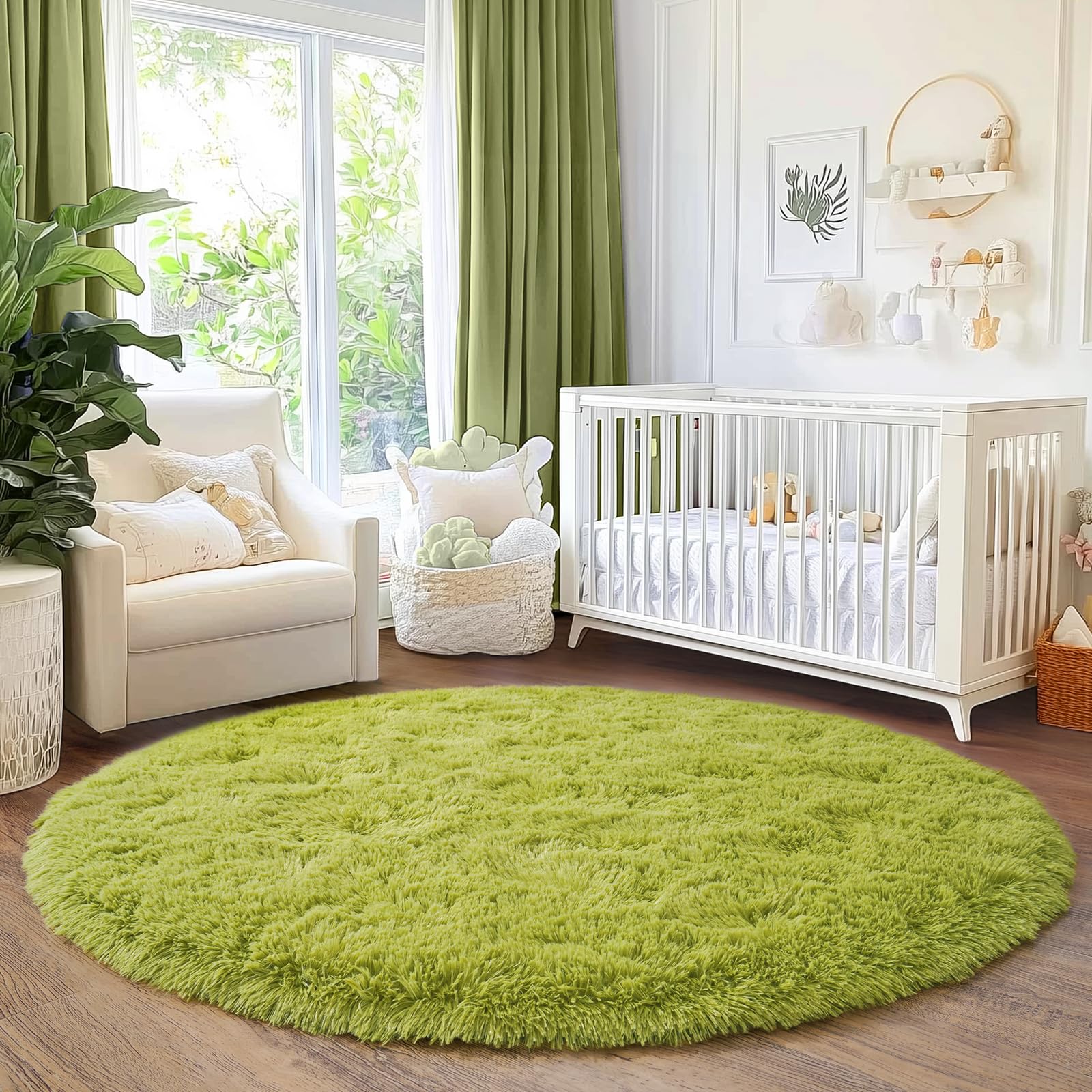 Quntue 5'x5' Grass Green Round Rug for Bedroom, Ultra Soft Fluffy Circle Rug for Kids Girls Boys Room, Cute Shag Rugs for Living Room Playroom Tent Castle Home Decor Rug โ image 1