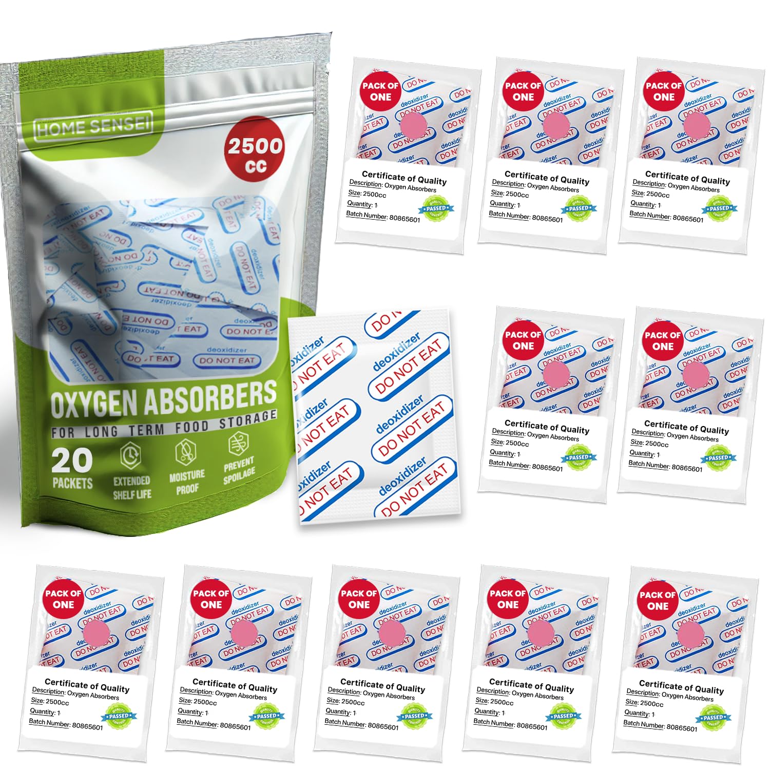 2500cc Oxygen Absorbers for Food Storage 20 Pack - Individually Packed Max Freshness - Ideal for Mylar Bags, Mason Jars, and Freeze Dried Foods. Moisture Proof, Prevents Spoilage, Extends Shelf Life