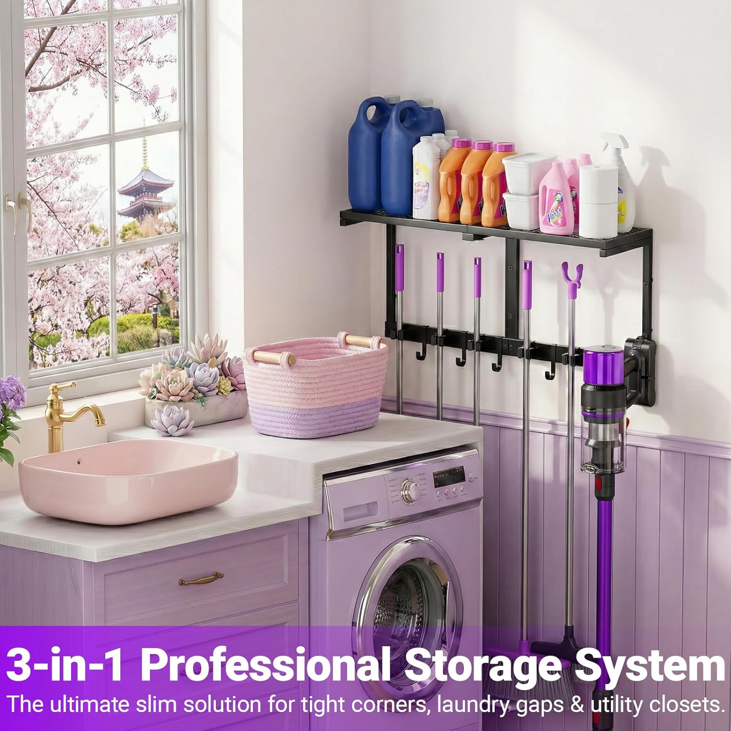 Heavy Duty Broom Holder Wall Mount with Cleaning Supplies Organizer, Space-Saving Laundry Room Organization and Storage Shelves, All-Metal Mop Hanger Broom Rack with Hooks, Garage Organizer Shelf