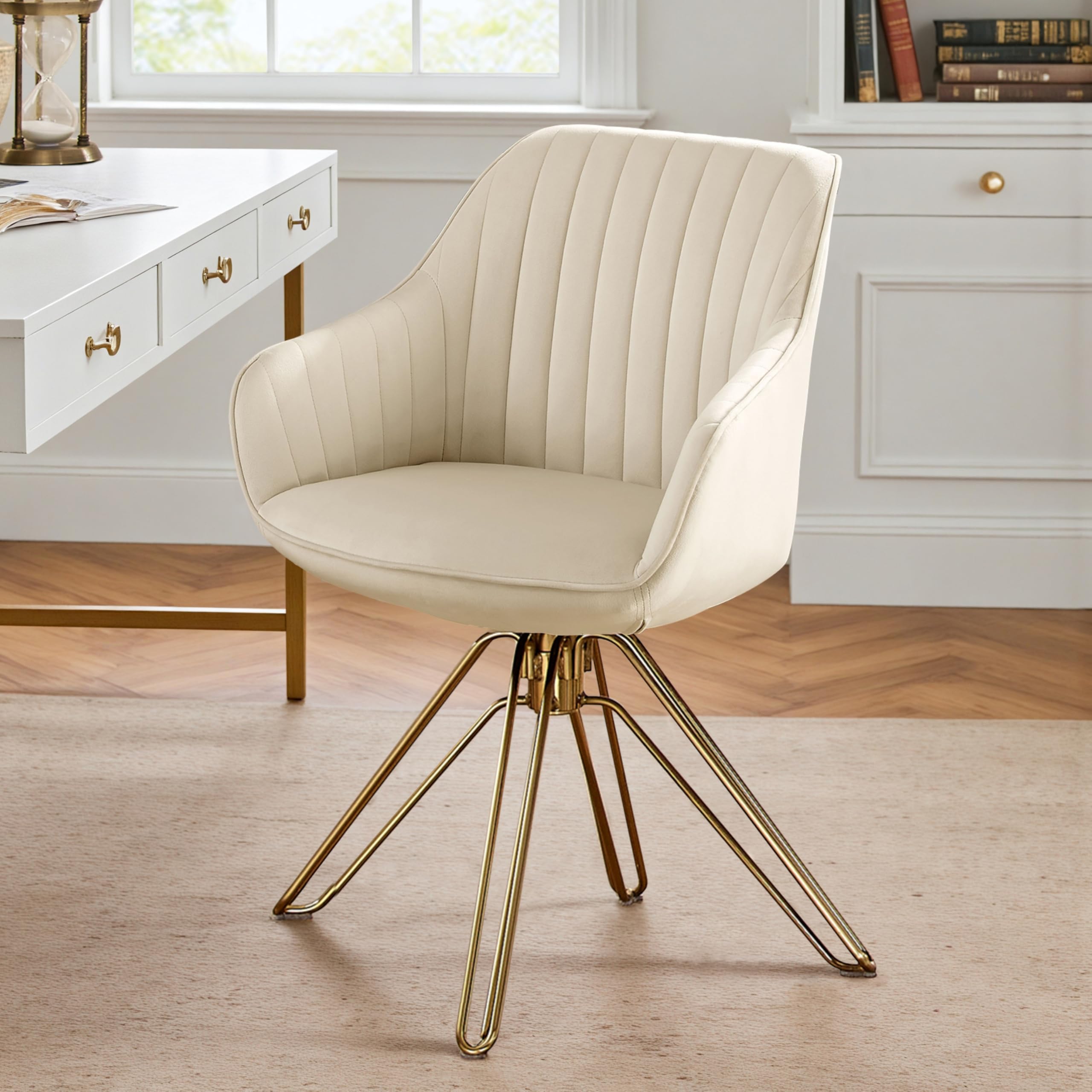 Volans Swivel Accent Chair, Mid Century Modern Dining Room Chairs with Hollow Black Metal Leg, Home Office Desk Chair No Wheels for Living Room,