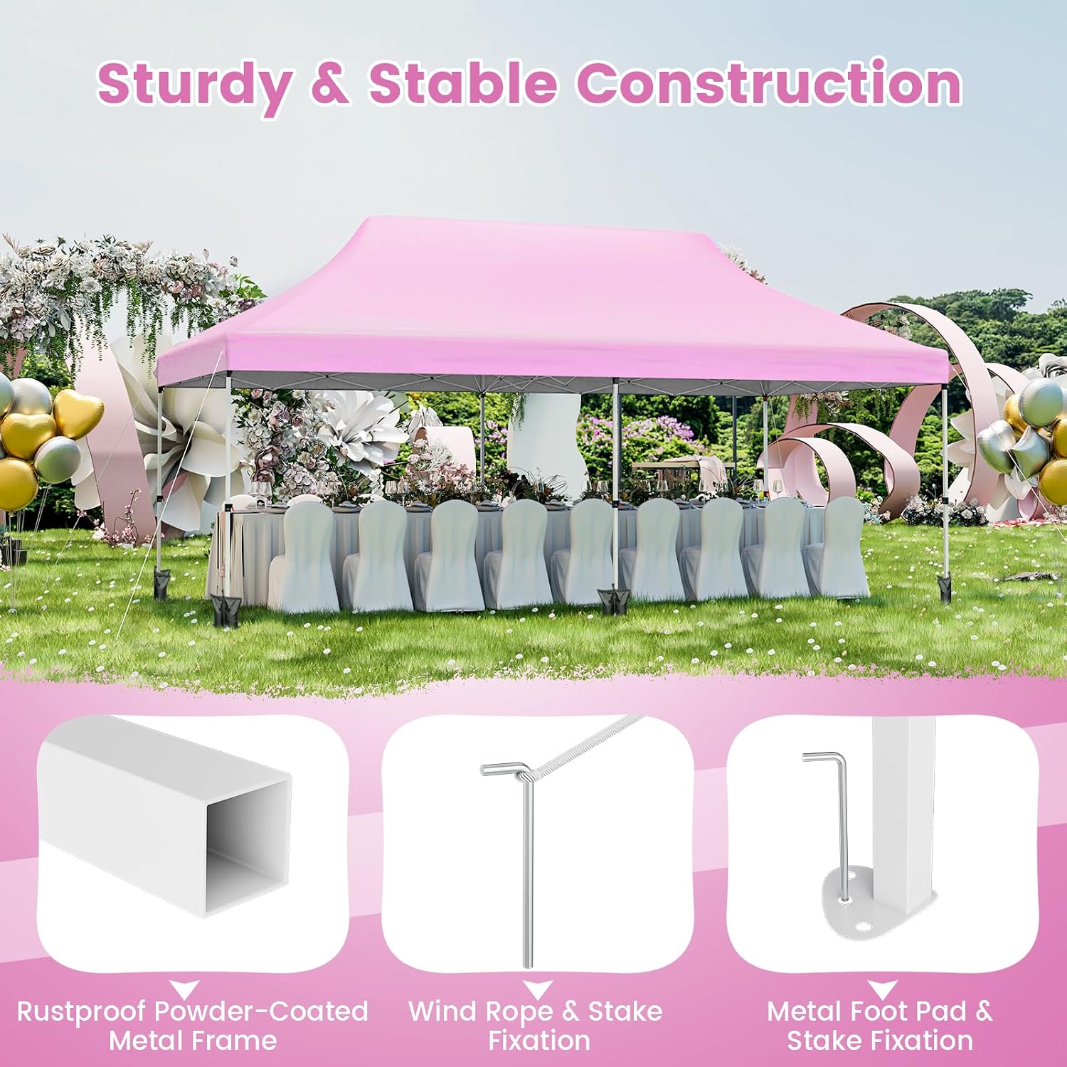 HAPPYGRILL 10 x 20 FT Pop-up Canopy Tent, Waterproof Folding Party Canopy with Carrying Bag, Instant Sunshade Shelter, Sun Protection, Heavy-Duty Outdoor Tent (Pink)