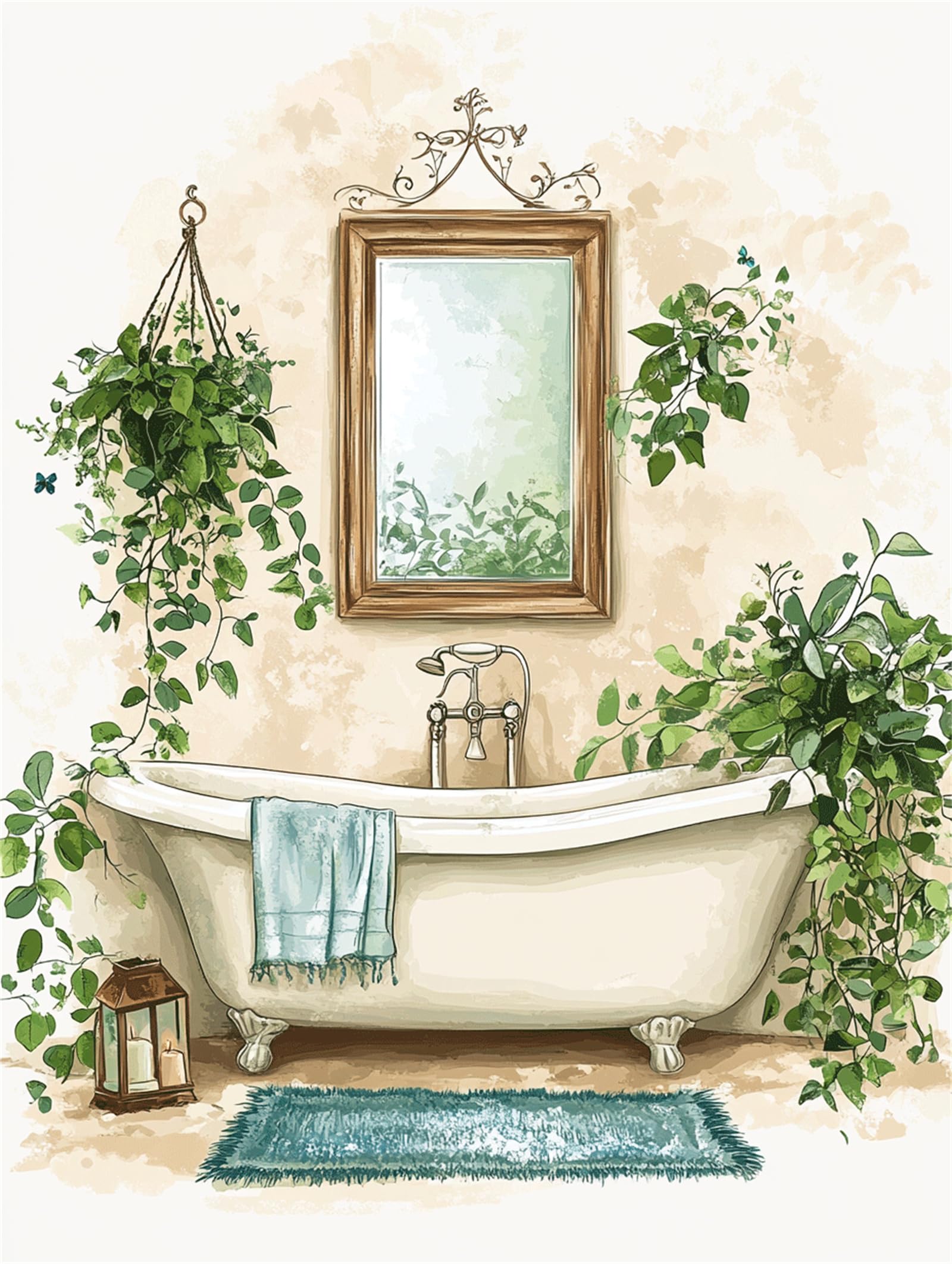 Baño Pintura por Números, Planta Pintar por Numeros Adultos, Cuadros para Pintar por Numeros para Niños Principiantes con Pinturas Acrilicos, para Hogar Decoración de Casa Pared 40x50cm, Sin Marco