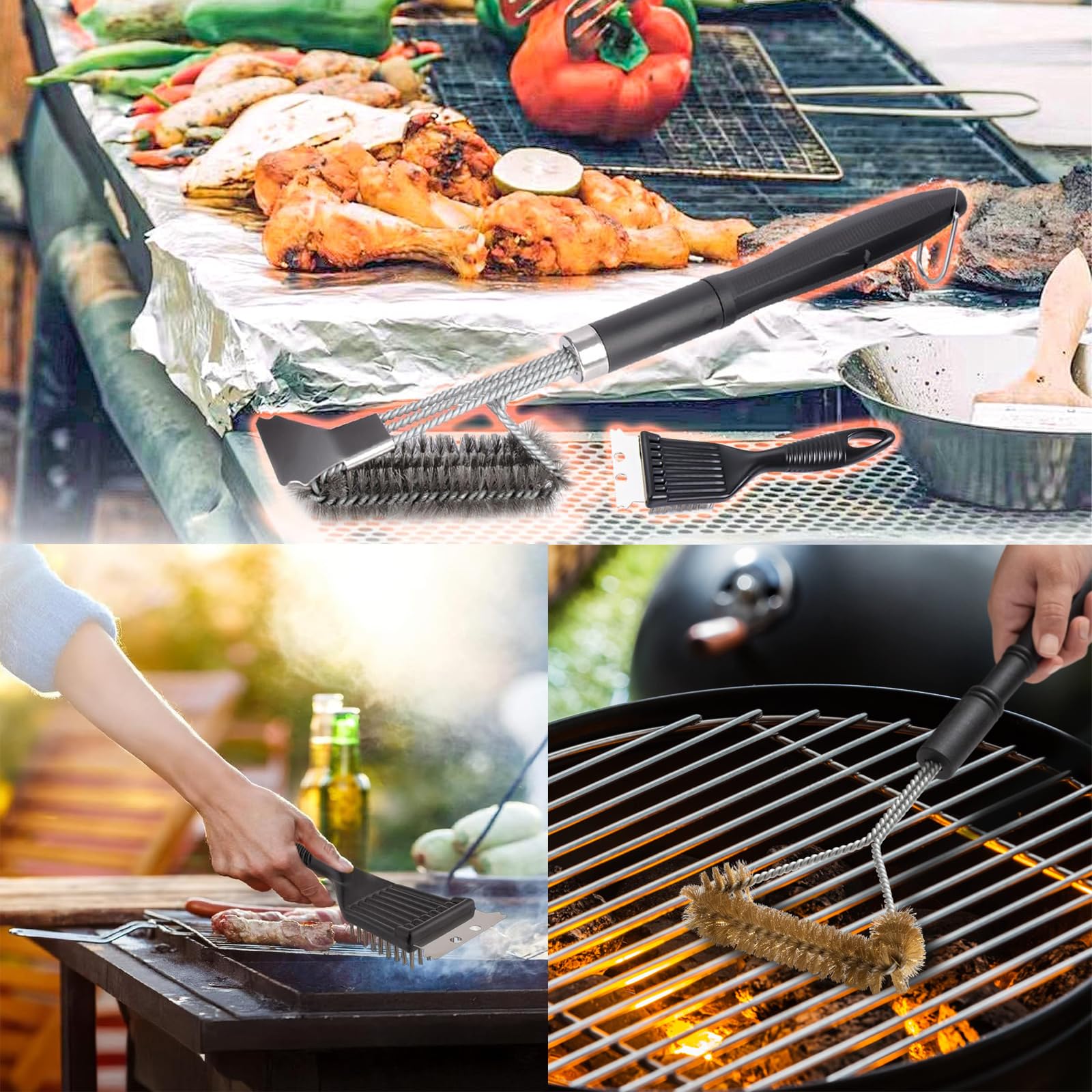 3 Pezzi Spazzola Barbecue 3 In 1 Spazzole per Griglia Acciaio Inossidabile Spazzola per Pulizia Barbecue con Raschietto e Manico Spazzola BBQ per Griglia a Gas Carbone Elettrico