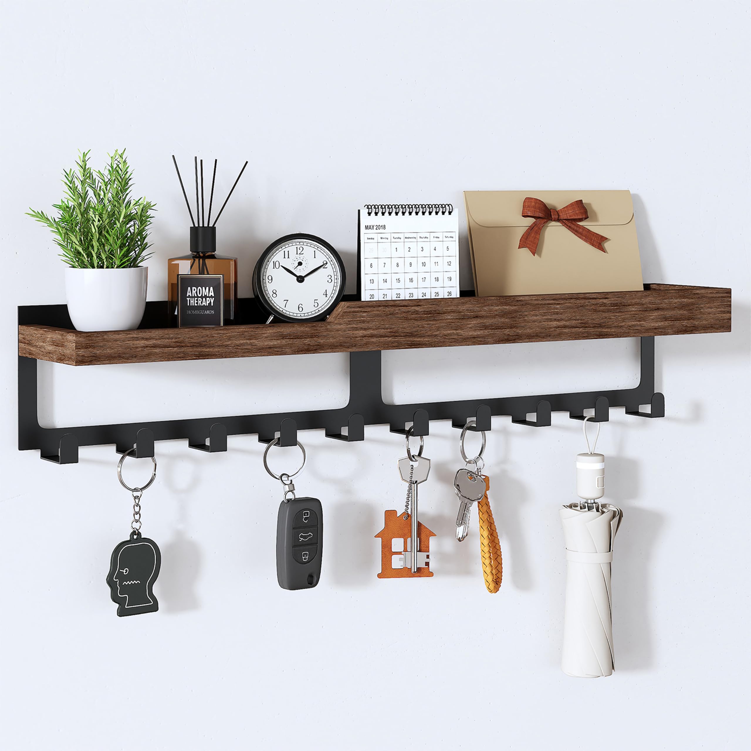HapiRm Key Holder for Wall – Key Hooks Wall Mounted with Wood Tray and 10 Hooks, Home Decor Key Rack Mail Organiser, Key Hanger for Hallway, Entryway, Office, Mudroom, Bedroom