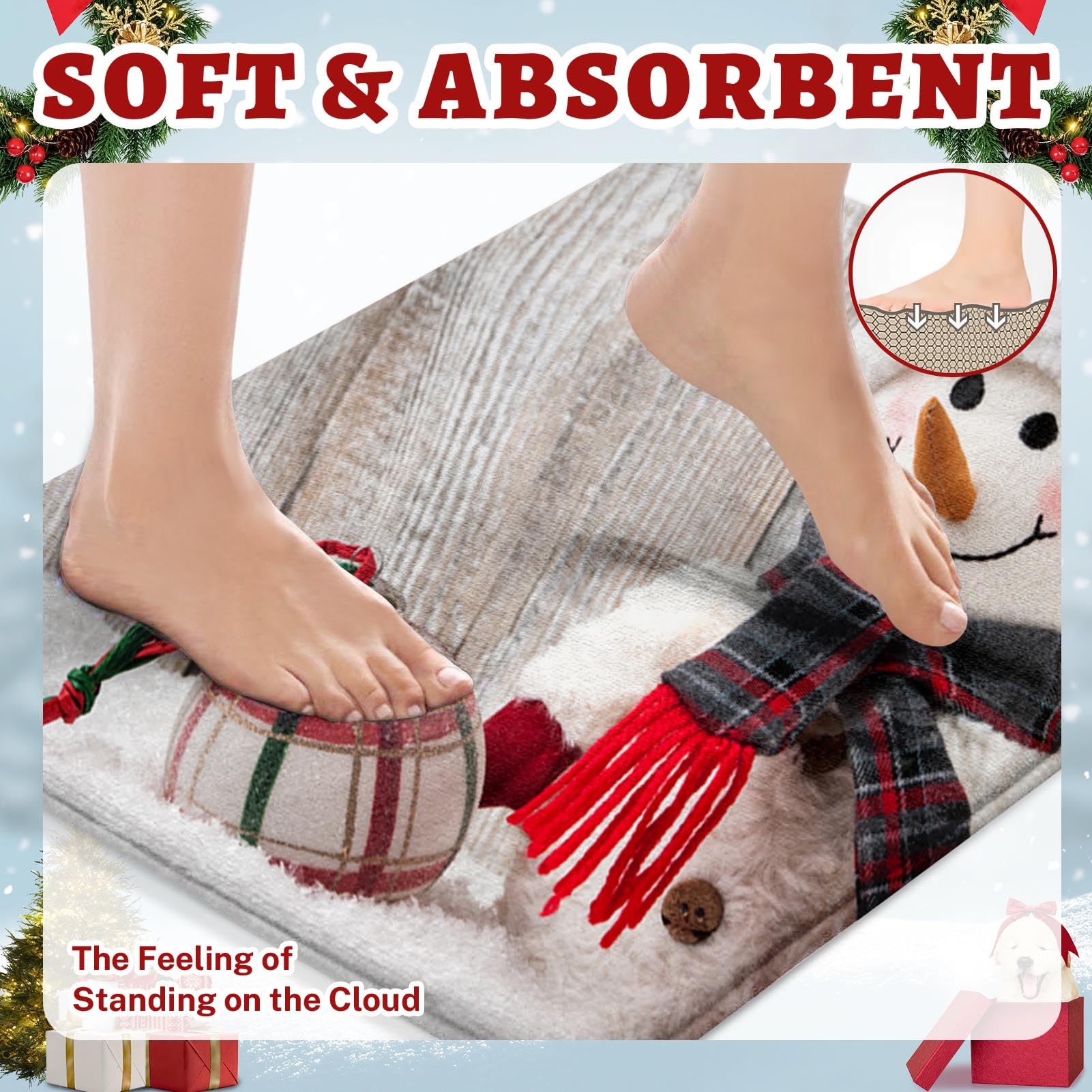 ArtSocket Lot de 3 tapis de salle de bain antidérapants en microfibre à mémoire de forme - Motif bonhomme de neige et boule de Noël - Lavable en machine