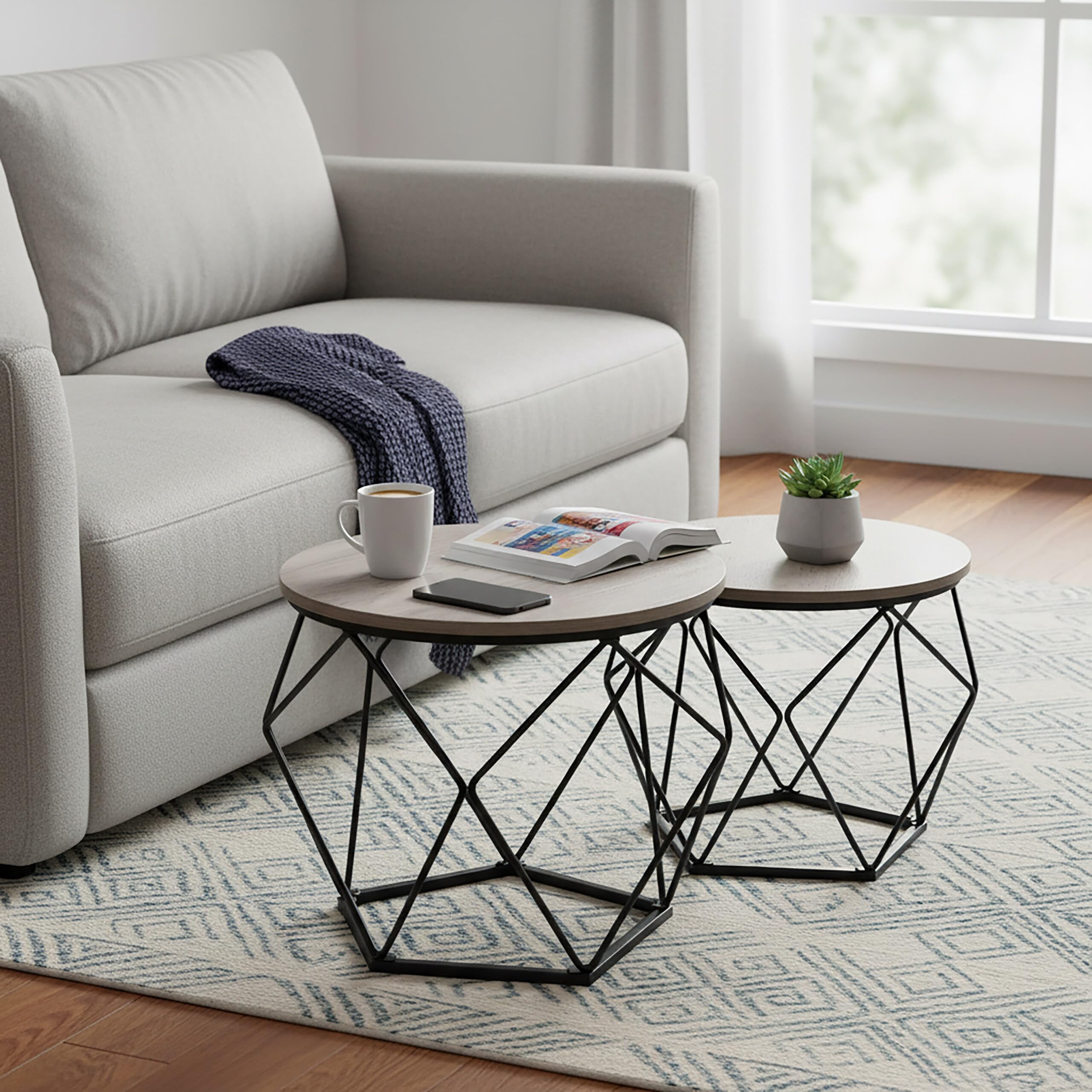 Relaxdays Set 2 Tavolini Rotondi Effetto Legno e Metallo Design Vintage Marrone/Nero 50x40x40 cm