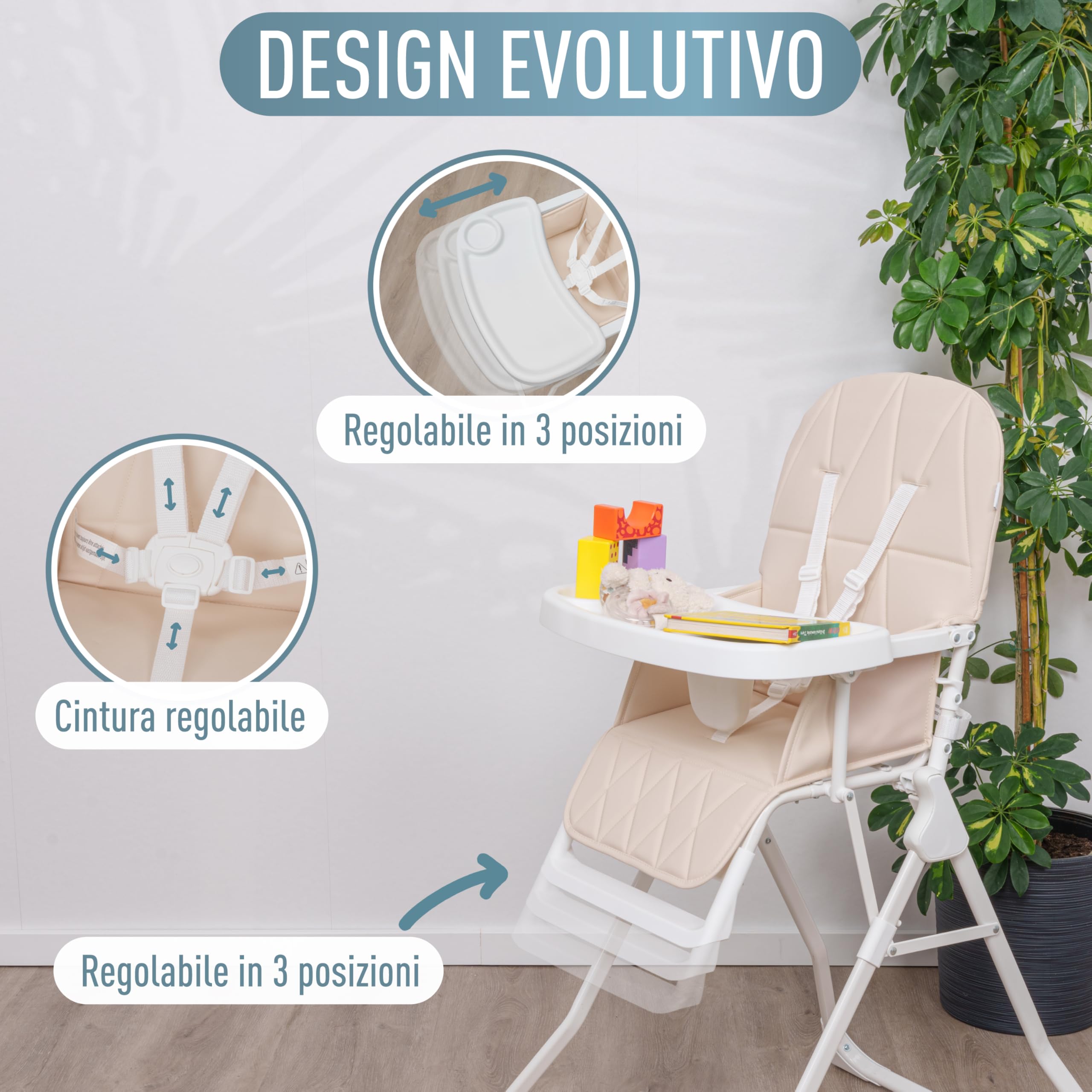 IB STYLE Seggiolone Pappa Leno - Seggiolone Pieghevole e Salvaspazio, Evolutivo con Vassoio e Poggiapiedi, Cintura a 5 Punti, Seduta Imbottita, Facile da Pulire, da 6 Mesi a 3 Anni (15 kg), Beige