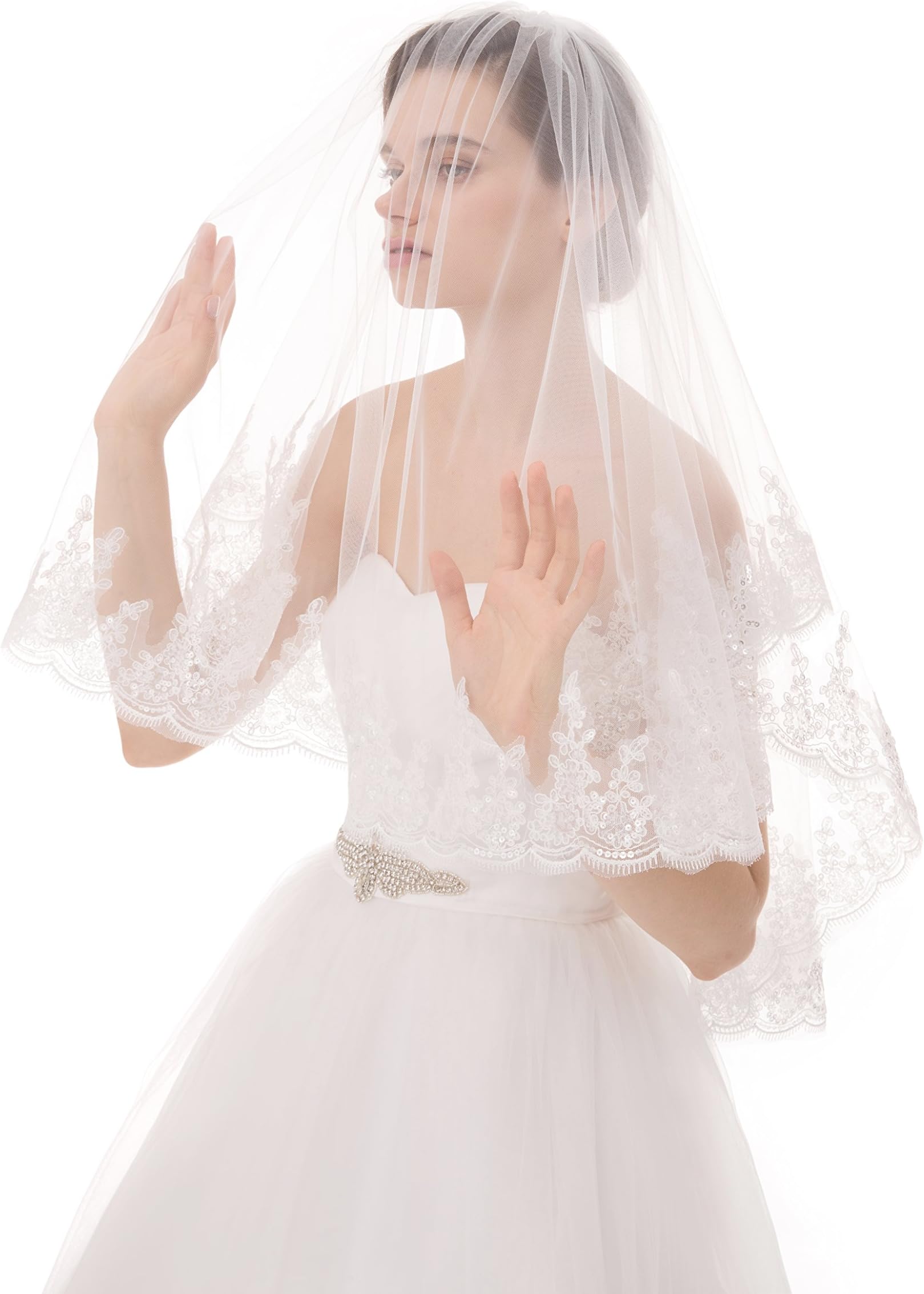 2 Layers Short Bridal Veil Wedding With Comb Sequined Edge bachelorette (White)