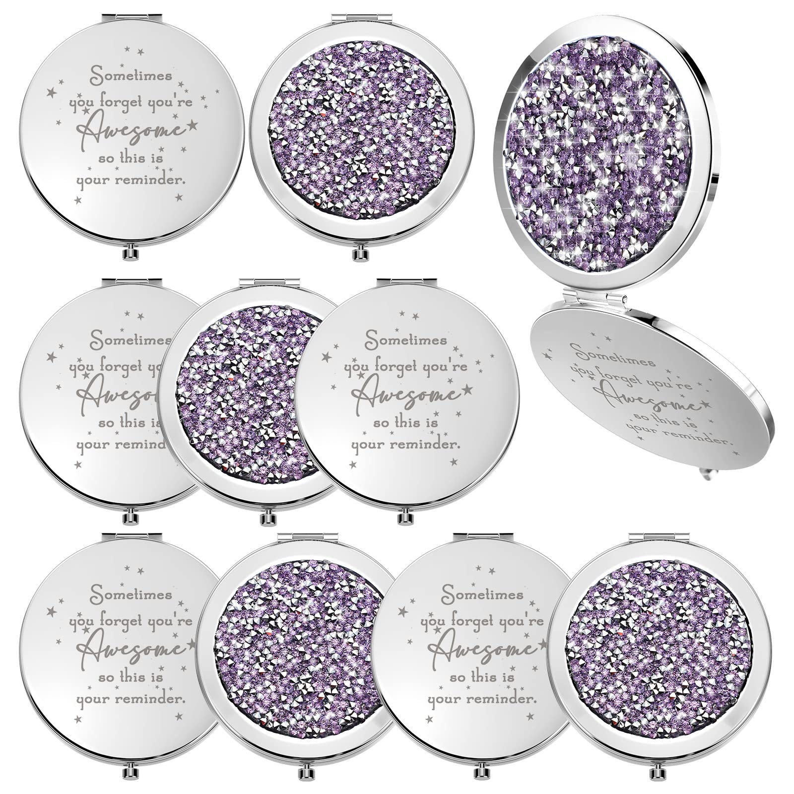 Roowest 10 Pcs Inspirational Compact Mirror You're Awesome Reminder Appreciation Gifts for Women Employee Coworker Friends Sisterhood Bulk Valentines Party Favors Magnifying Pocket Mirror (Purple)