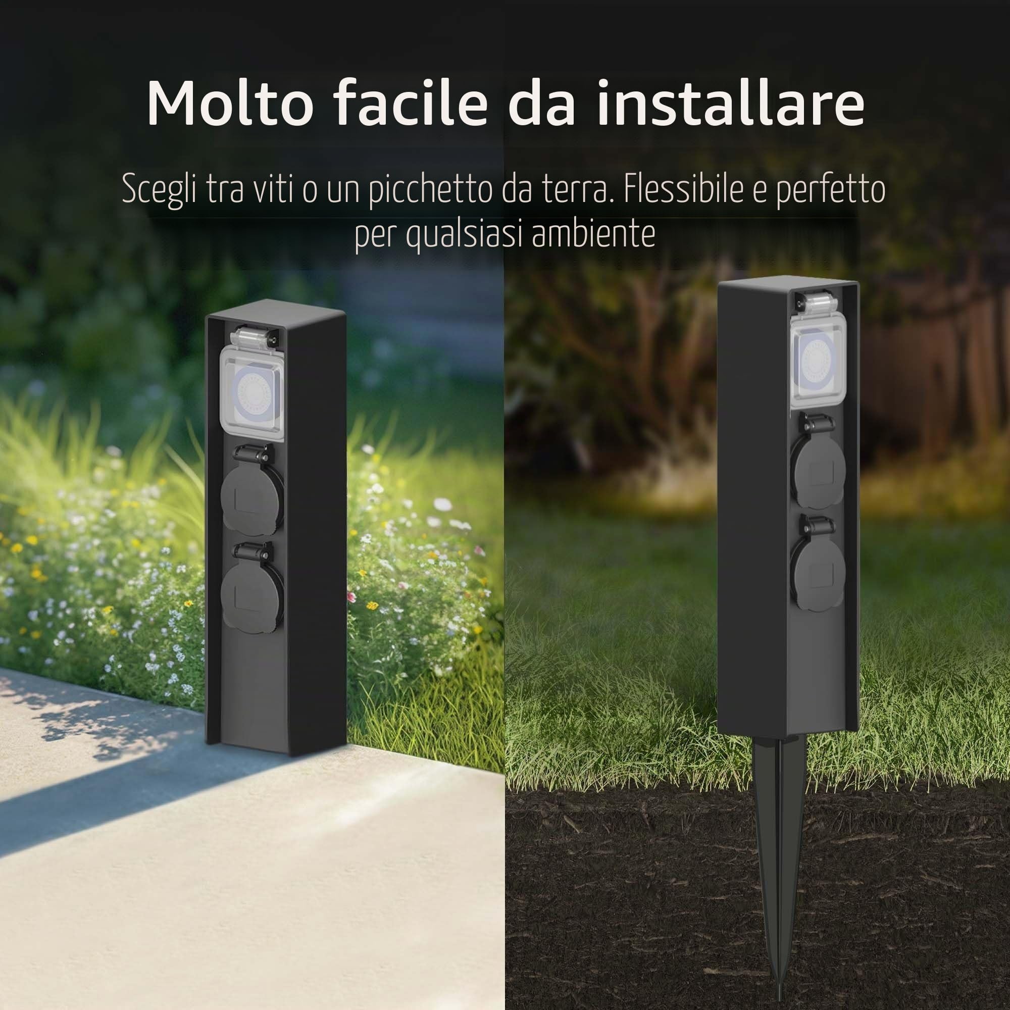 Ledvion - Presa esterna con palo, Incl. Sensore, 2 prese, impermeabile IP44, garanzia 3 anni