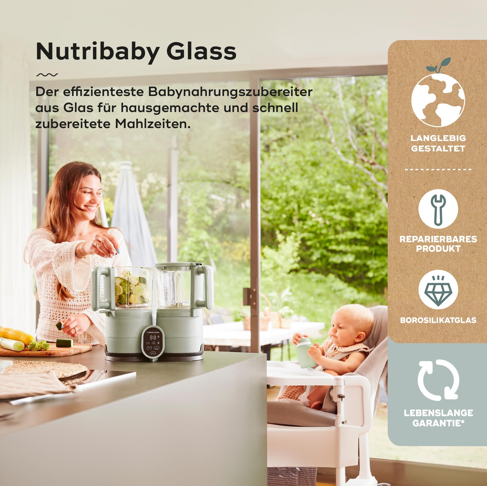 Babymoov Nutribaby Glass Green Celadon 4-in-1 Babynahrungszubereiter aus Glas und Edelstahl, 1900 ml Dampfgaren Mixen Aufwärmen Erwärmen