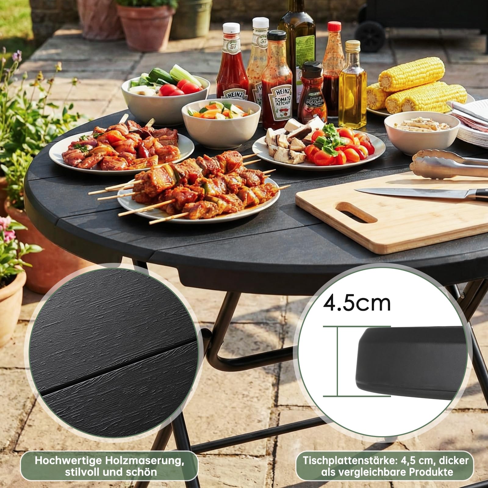 Clevich Gartentisch Klappbar, Beistelltisch Rund Holz-Optik, HxD: 74x80 cm, Balkontisch mit Stahlrahmen Beine, Hochstabiler Campingtisch, Wetterfest, Pflegeleicht, für Balkon, Garten & Terrasse