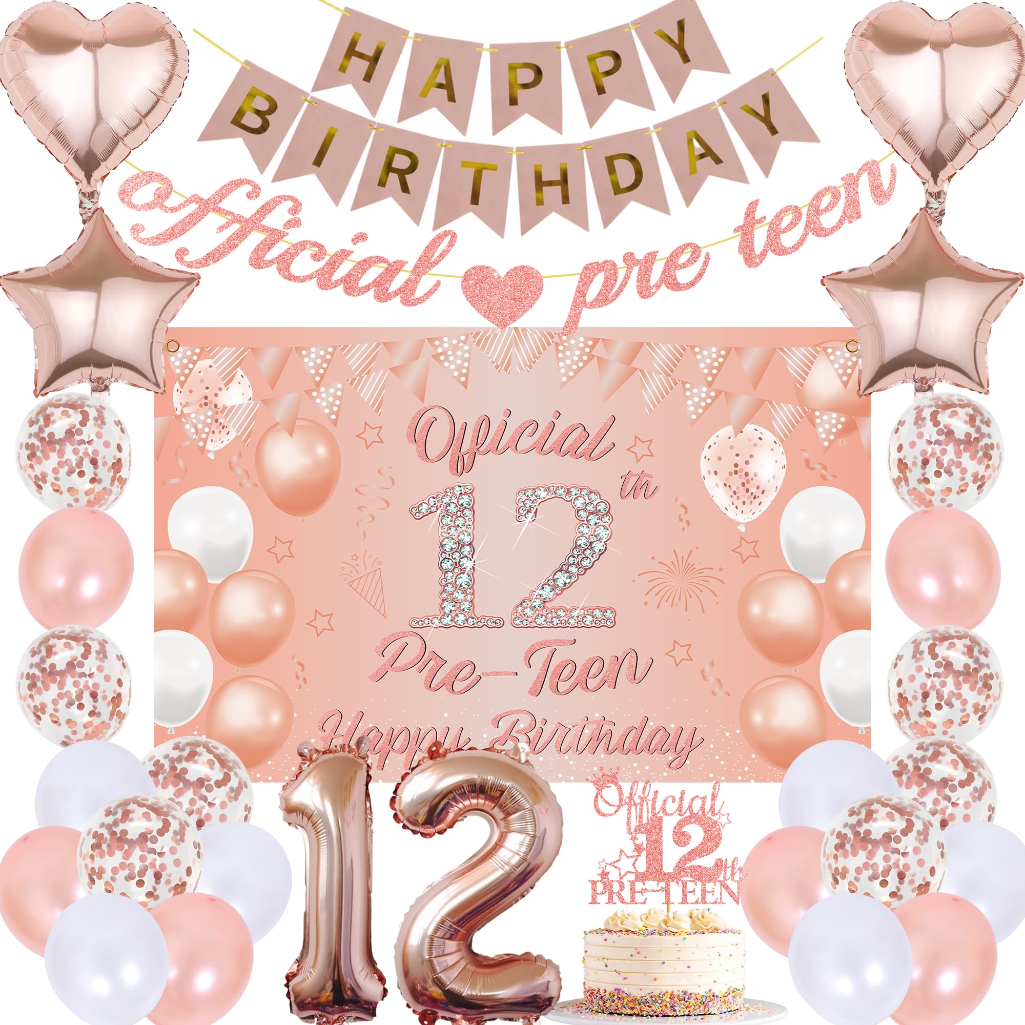 12th Birthday Decorations Girl Set - 31 Pcs Rose Gold Happy Birthday Official Pre Teen Banner Backdrop Number 12 Foil Balloon Cake Topper for 12 Years Old Party Supplies
