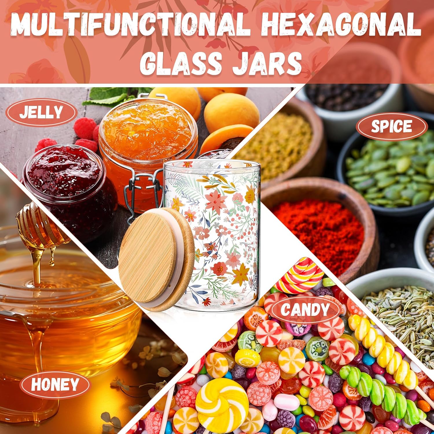 Suclain Set of 6 Glass Jars with Lids 23 oz Floral Glass Pantry Storage Containers with Bamboo Lids Decorative Clear Food Storage Jars Airtight Kitchen Canisters for Spice Candy Cookies Spring