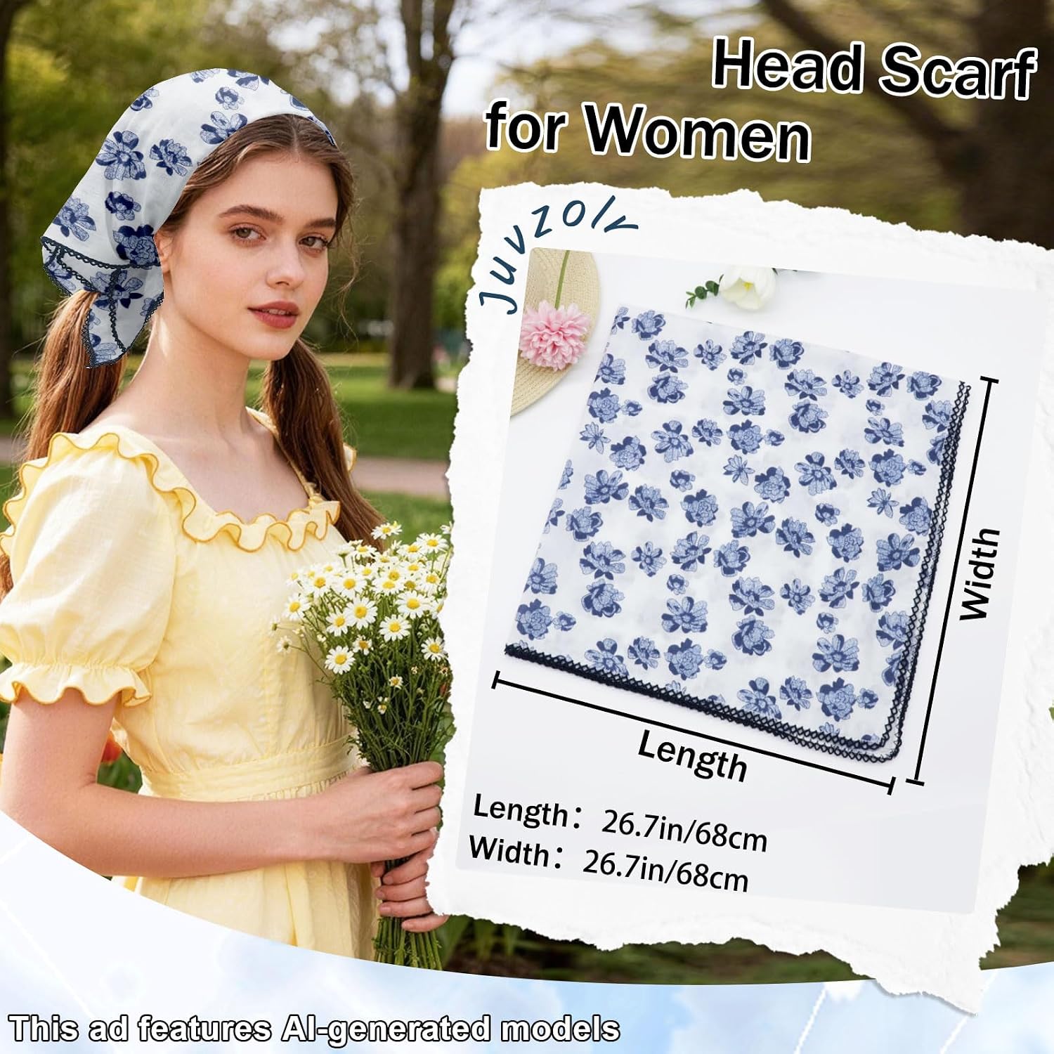 Cotton Bandanas for Women, Floral Square Hair Scarf for Travel Date | Vintage Flower Pattern, Lightweight, Soft Cotton Blend Fabric, 26.7 × 26.7 inches, Multiple Colors, Versatile Styles