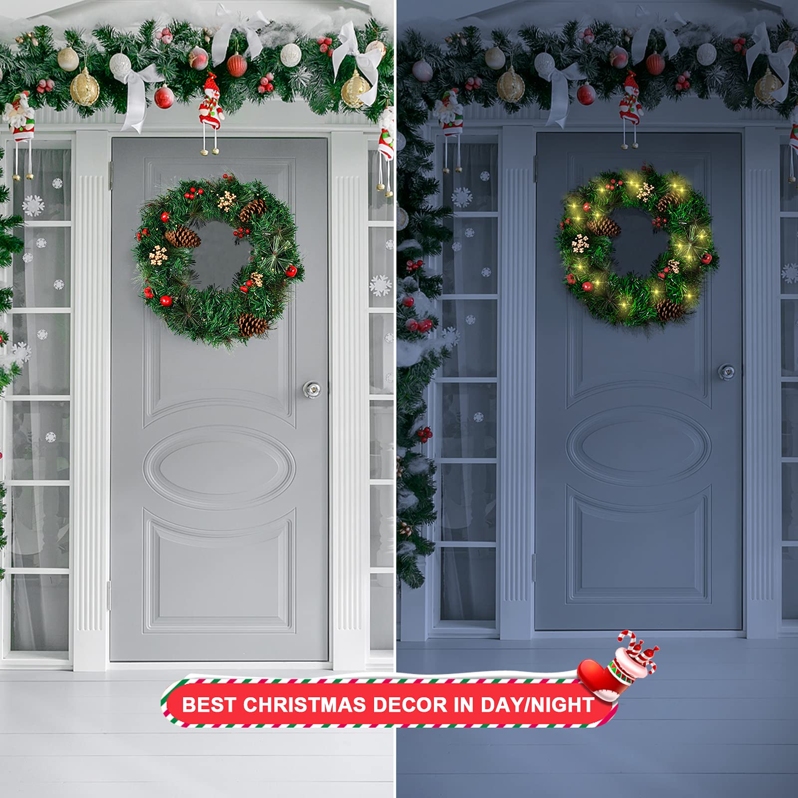 Ghirlanda Natalizia 50cm Con Pigne Rosse - Decorazione Invernale Per Porte E Finestre - Foto 5