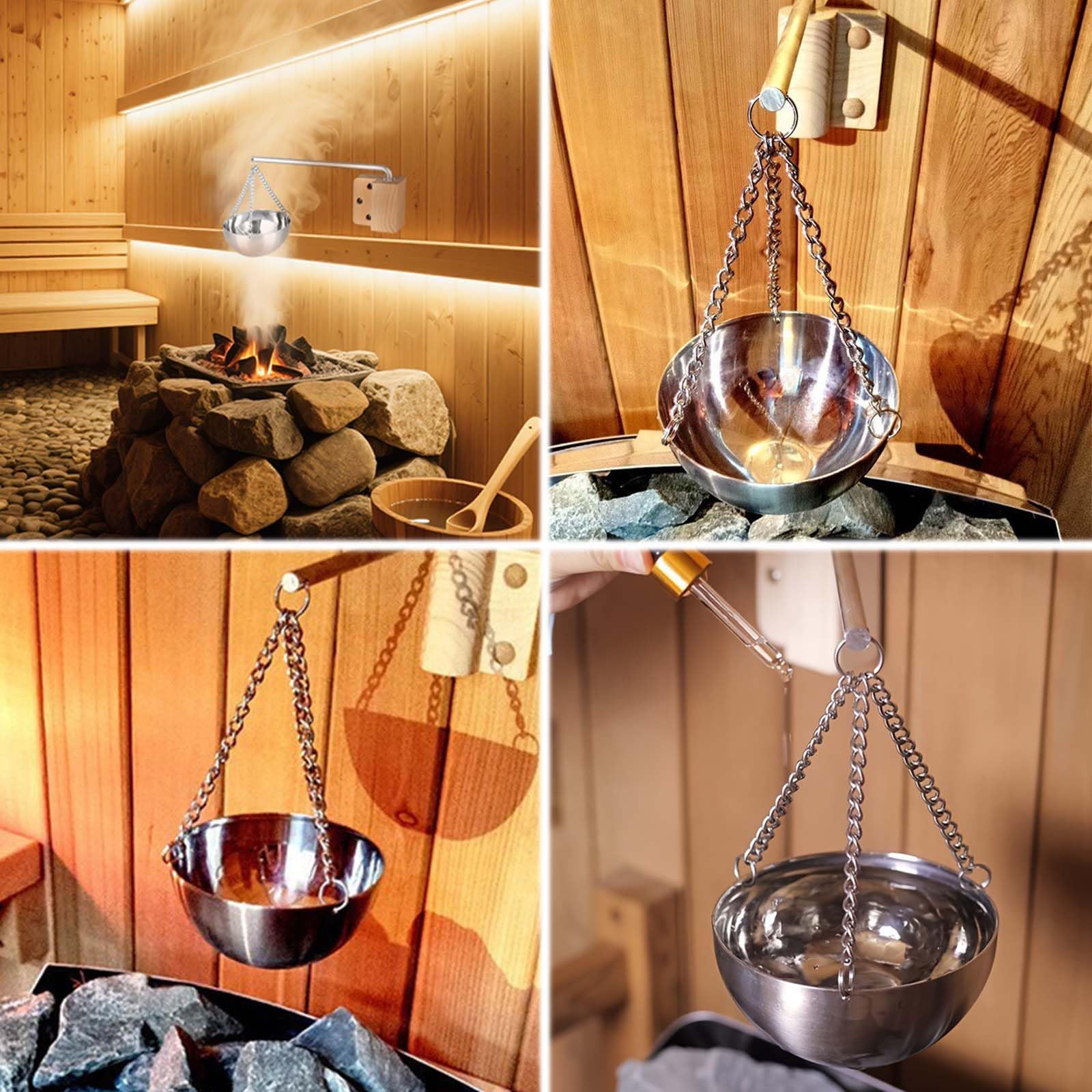 12 cm Bol aromatique en acier inoxydable, Sauna bol, Bol d'huile essentielle pour sauna, Sauna Aroma Bowl, accessoires de sauna, équipés d'une bouteille d'huile essentielle de 20 cm