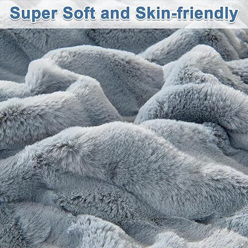 Miniatura 7 de Qucover Manta gris, lujosa manta mullida de piel sintética, con respaldo de vellón, manta gruesa cálida de doble cara para sofá cama de invierno,