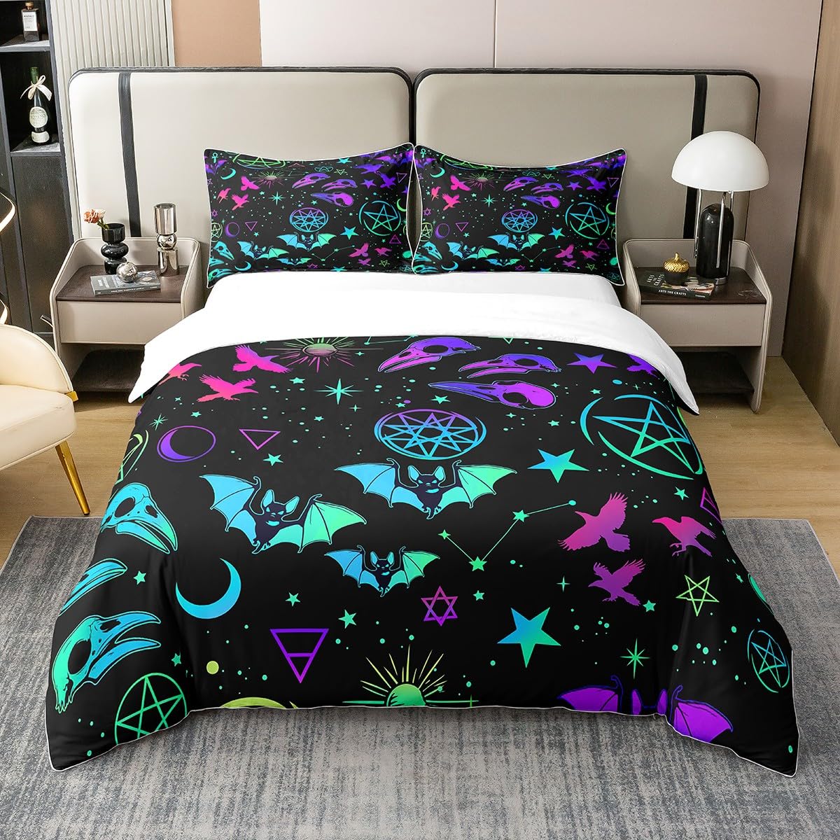 Erosebridal Blue Purple Galaxy Bedding Set,Halloween Bats Bed Set for Kids Child,Gothic Exotic Comforter Cover,Hippy Moon Stars Duvet Cover Birds Skeleton Halloween Decor with 2 Pillowcases Queen