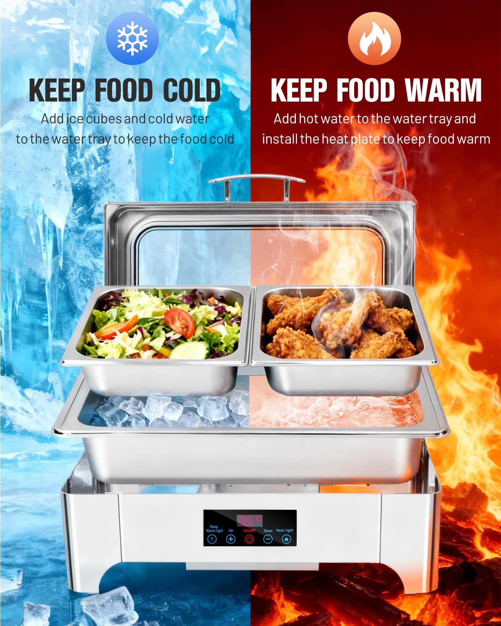9L Chafing Dish Buffet Elettrico con Coperchio in Vetro Scaldavivande in Acciaio Inox Vassoio di Contenitore Riscaldamento e Freddo per Buffet Catering Ristoranti Feste Matrimoni