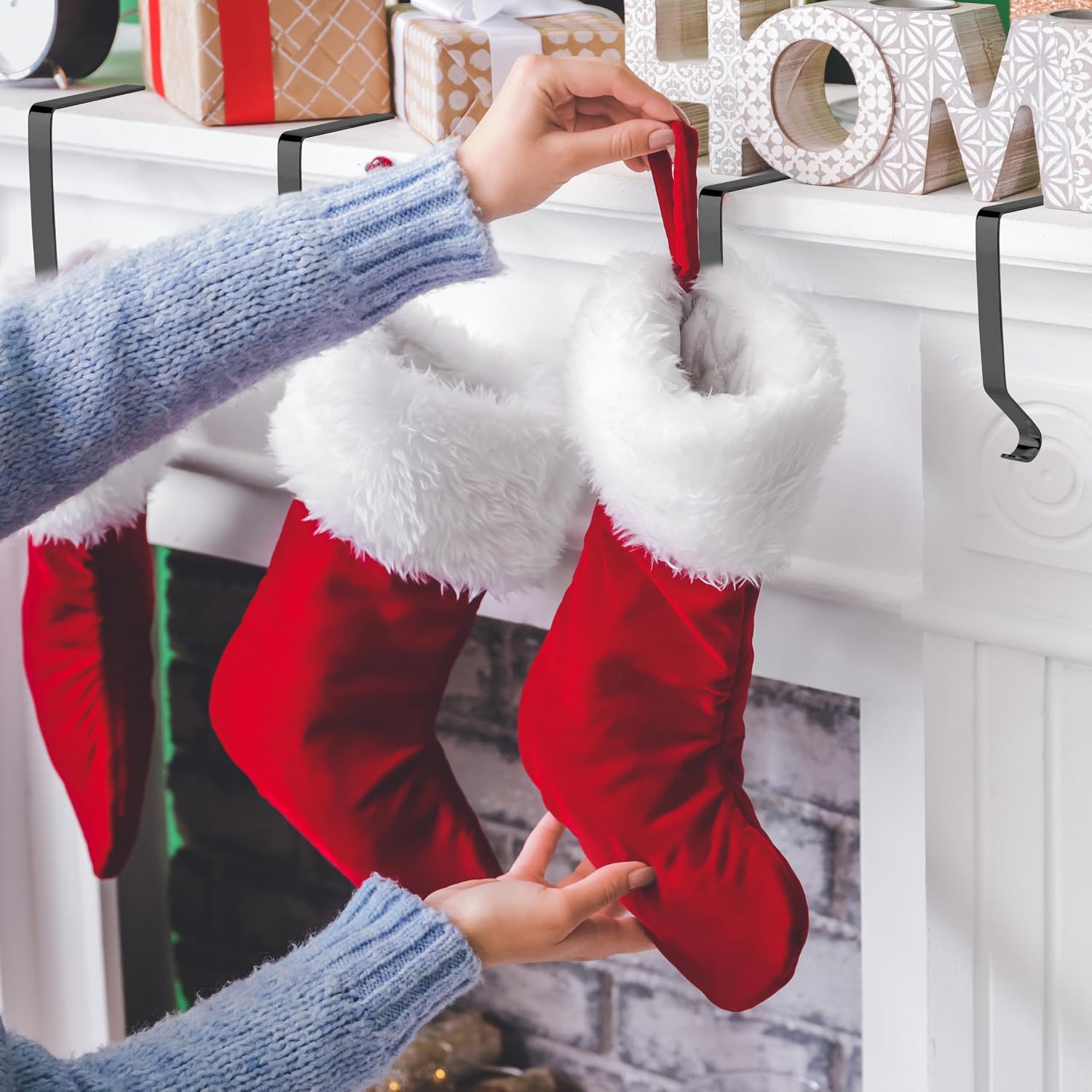Palonu Christmas Stocking Holders Mantel Stcoking Hangers Metal Ornament Hooks Fireplace Hanger Grip for Christmas Party Decorations (4, Black)