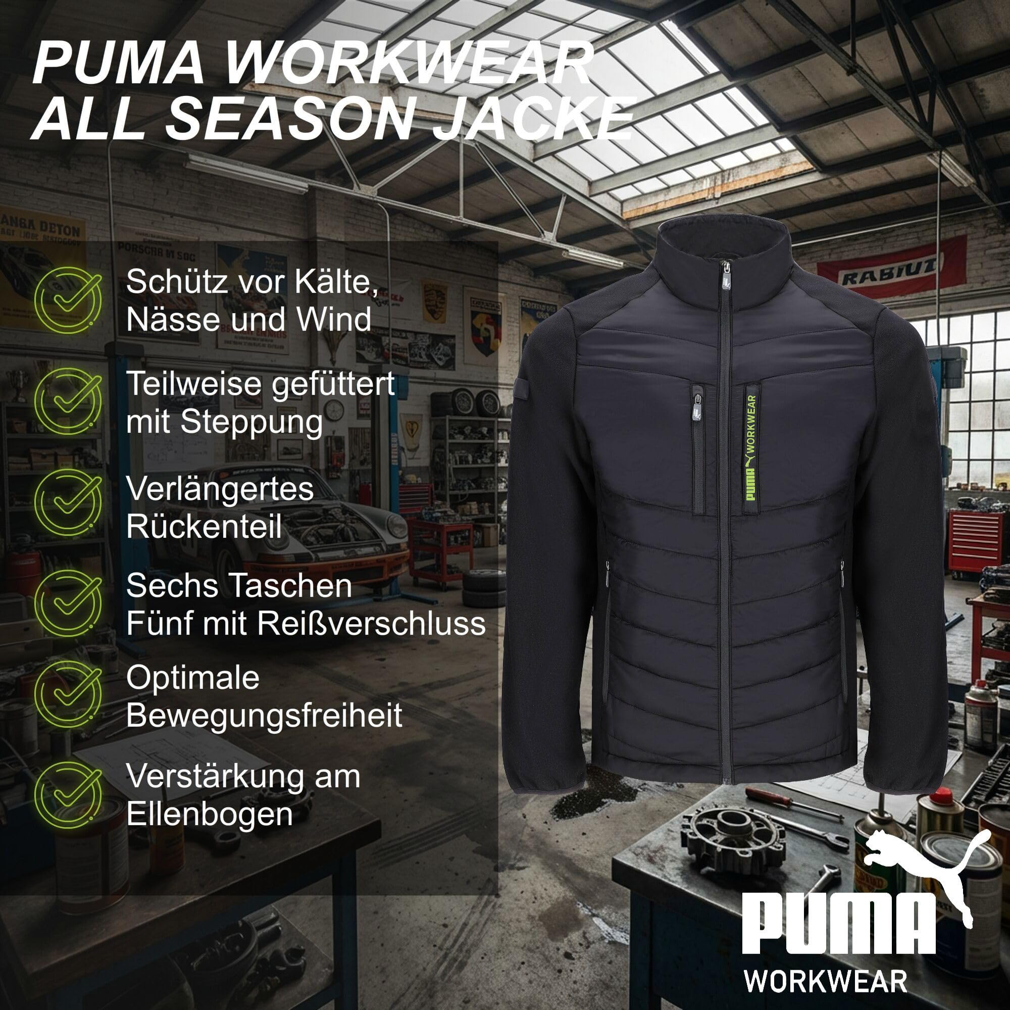 PUMA Workwear – męska kurtka na każdą pogodę – wzmocnienie na łokciach – przedłużona część tylna – wytrzymała i oddychająca kurtka robocza do rzemiosła, prac budowlanych i rolnictwa