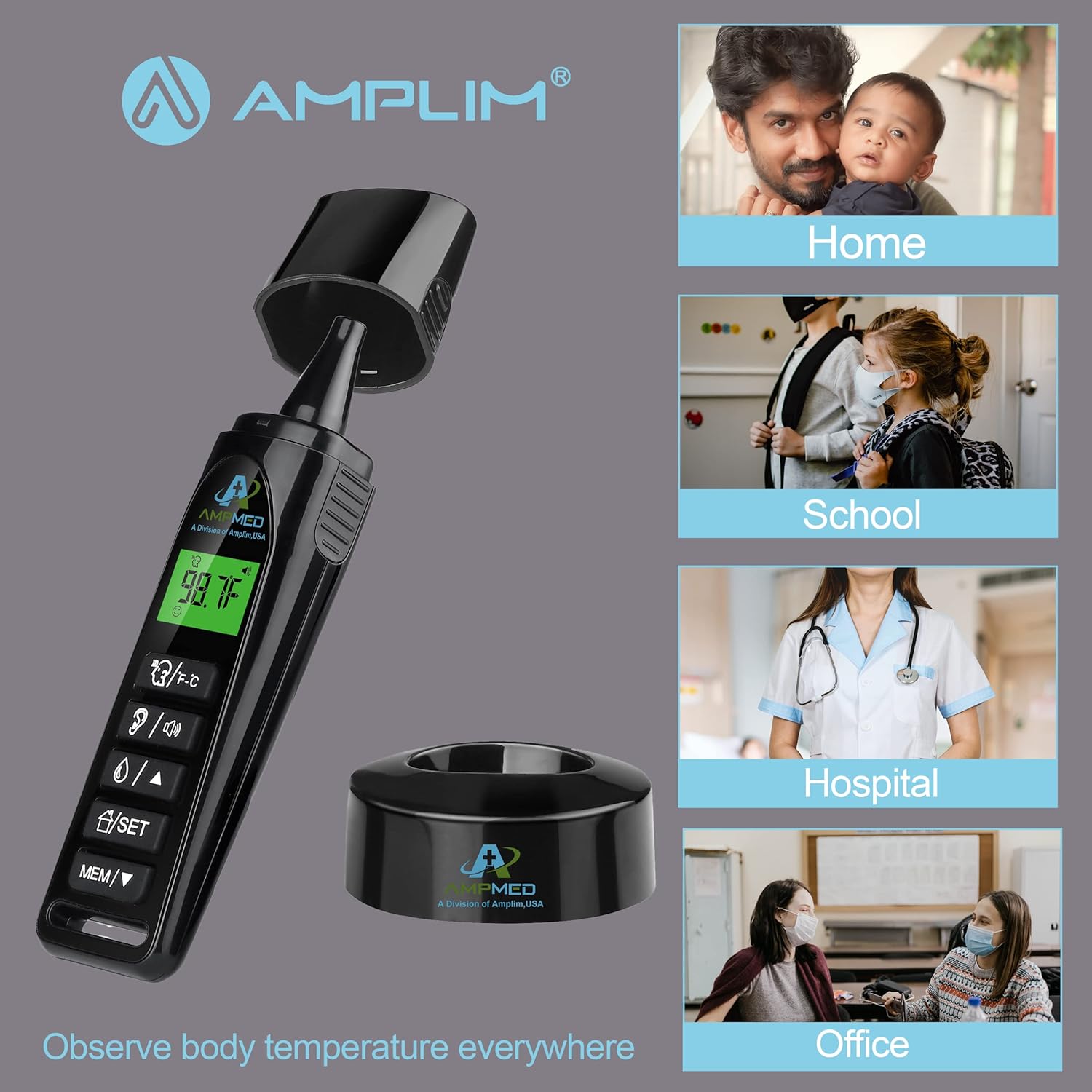 Amplim No Touch Professional Ear and Forehead Thermometer | Non-Contact Digital Baby Thermometer for Kids Adults Infants Toddlers | Touchless Temporal Thermometer FSA HSA Black : Health & Household