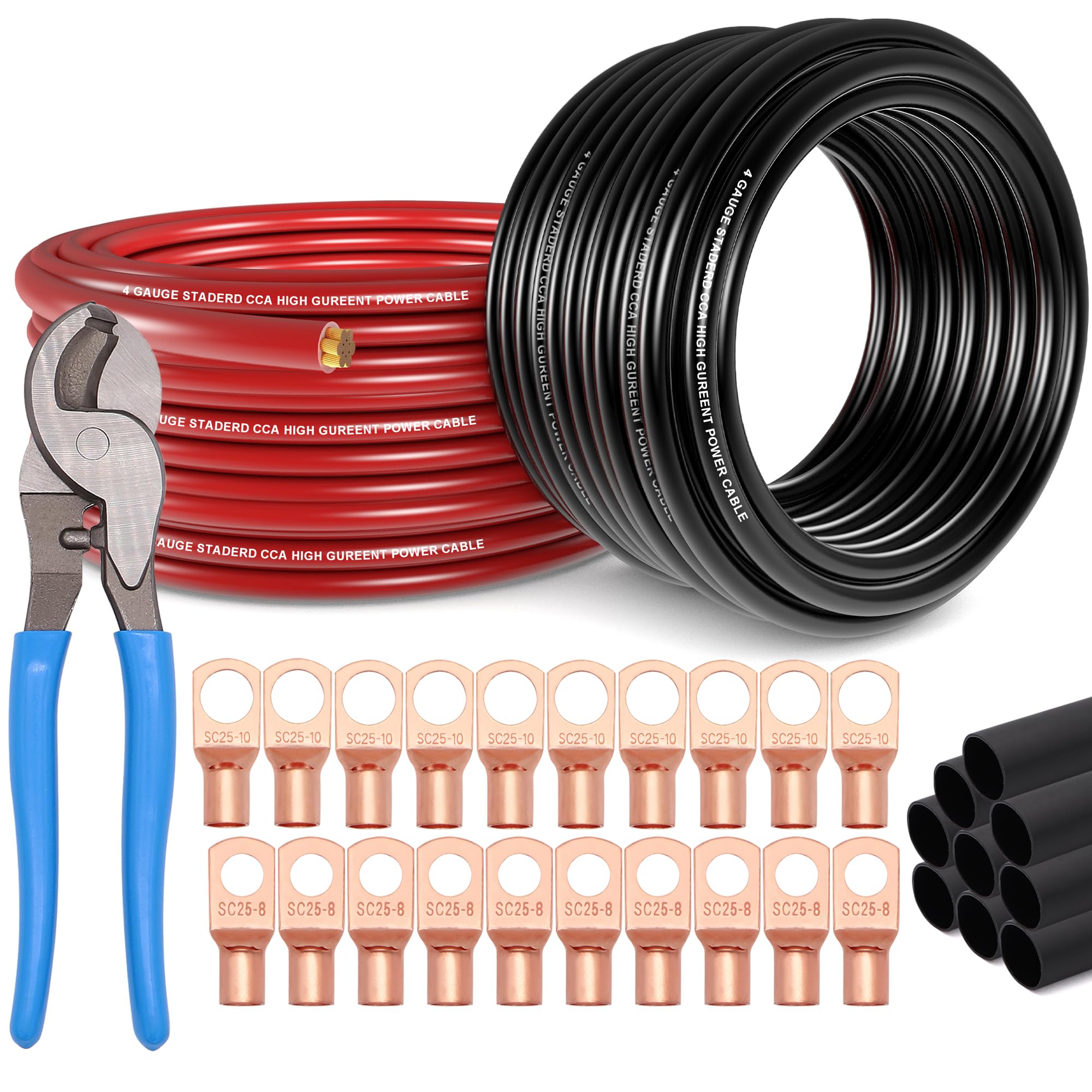 4 Gauge Wire (25ft Each - Red/Black) Copper Clad Aluminum CCA with Cable Cutter,Lugs Terminal Connectors and Heat Shrink Tube - Battery Power/Ground