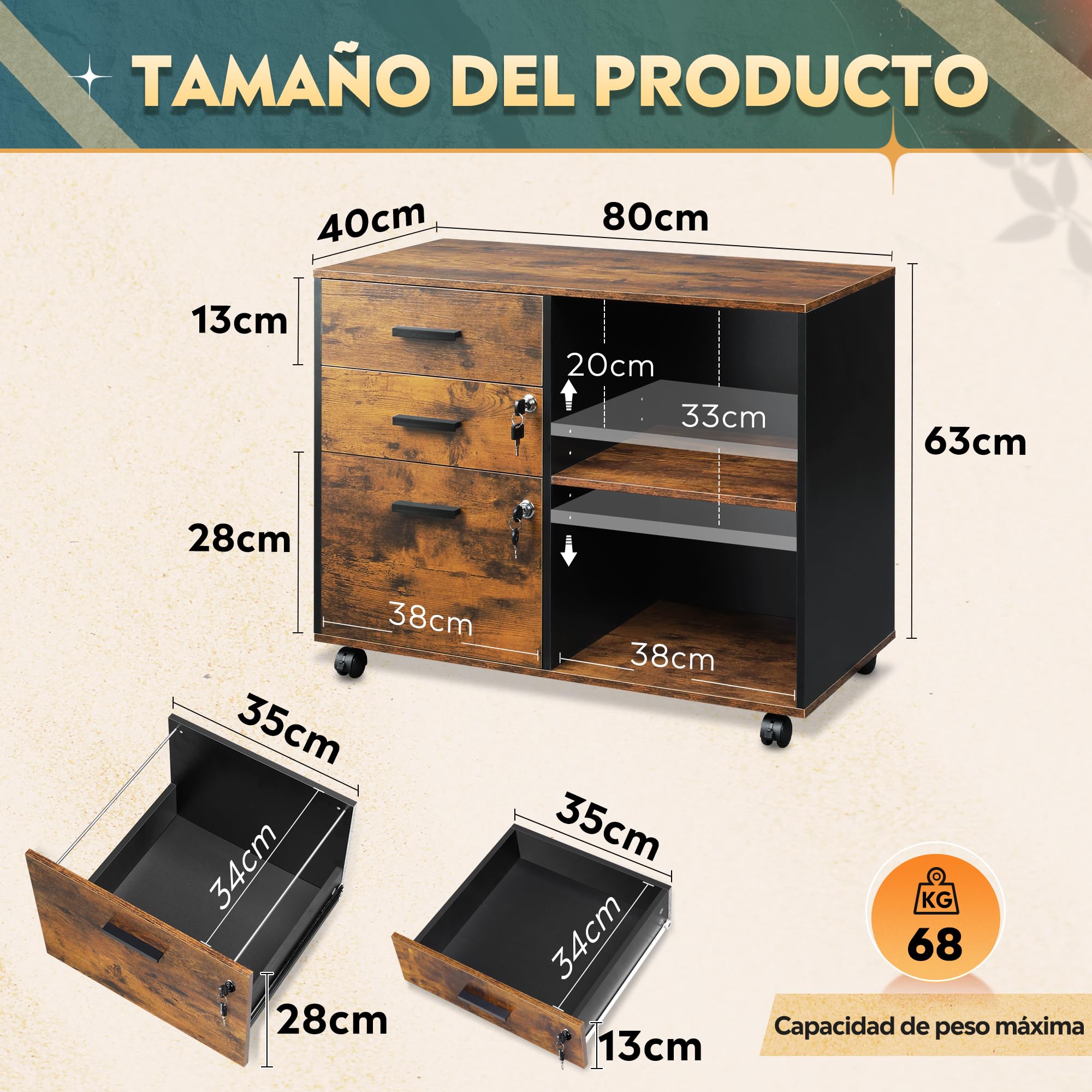 DEVAISE Carro Archivo 3 Cajones con Tablero Madera, Mueble para Impresora Diseño Retro, Marrón