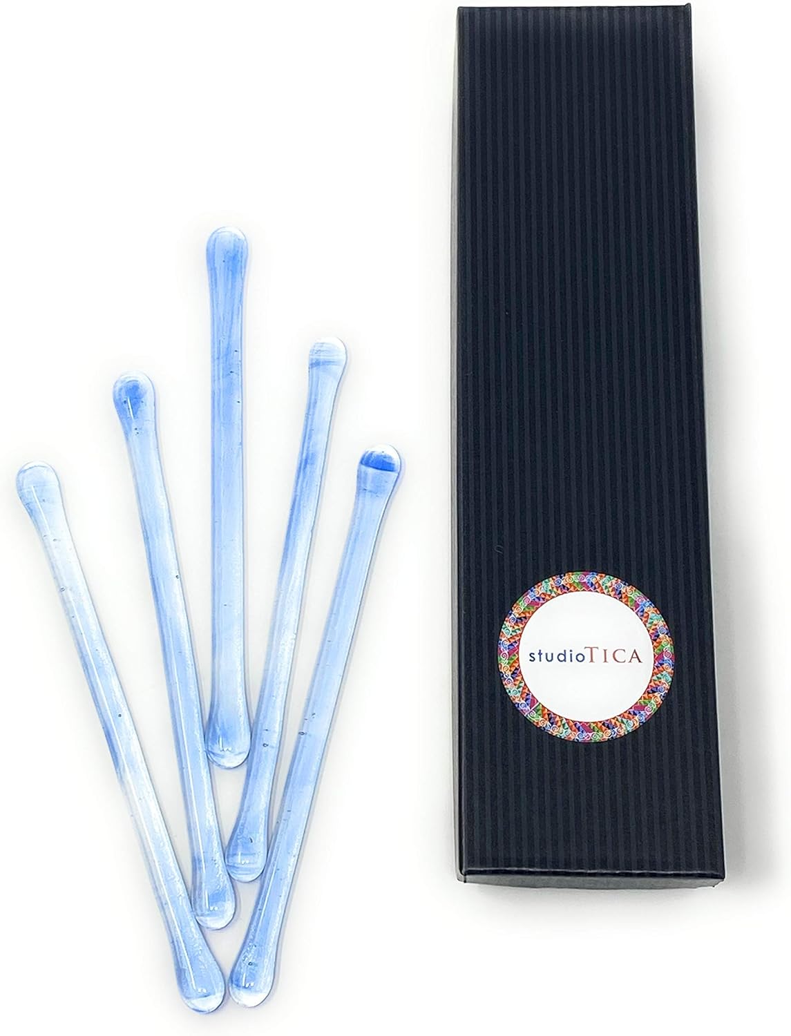 Handmade Glass Swizzle Sticks: Superior Blue Crystal (Paradise Collection) - Cocktail Coffee Pitcher Stirrers - 5.50 inches - Set of 5 with Gift Box by studioTica