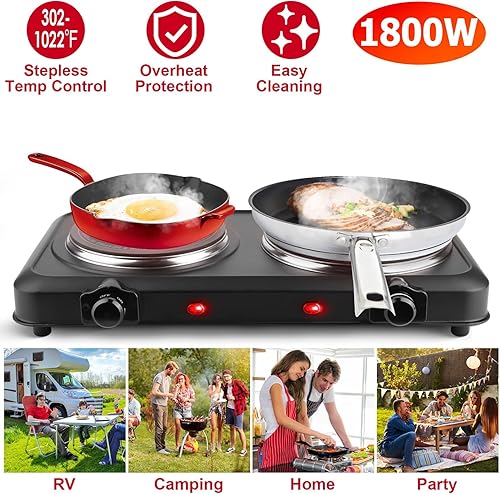 Miniatura 3 de KOCASO Placa de cocción de doble quemador infrarrojo de 2000 W, superficie de vidrio de 7.5 pulgadas y 6.3 pulgadas, control de temperatura continuo