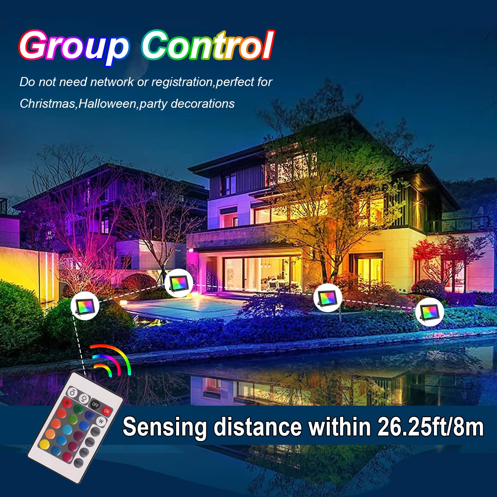 Projecteur LED Extérieur 100W RGB avec Télécommande, 16 Couleurs 4 Modes Dimmable IP66 Étanche Luminaire Jardin