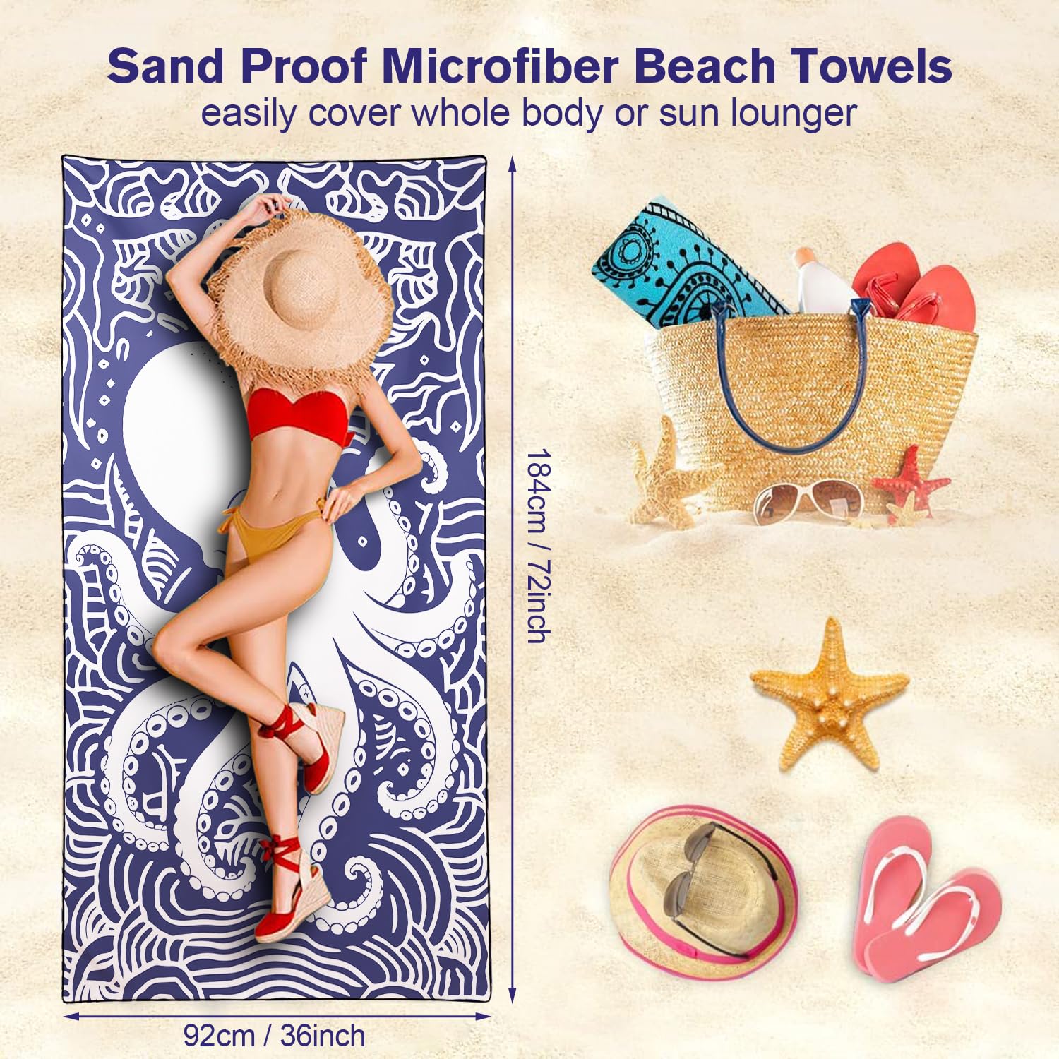 Confezione da 2 teli mare extra large da 180 x 90 cm, in microfibra di alta qualità da 250 g/m², senza sabbia, ad asciugatura rapida, leggeri, ideali per famiglia, spiaggia, vacanze, piscina