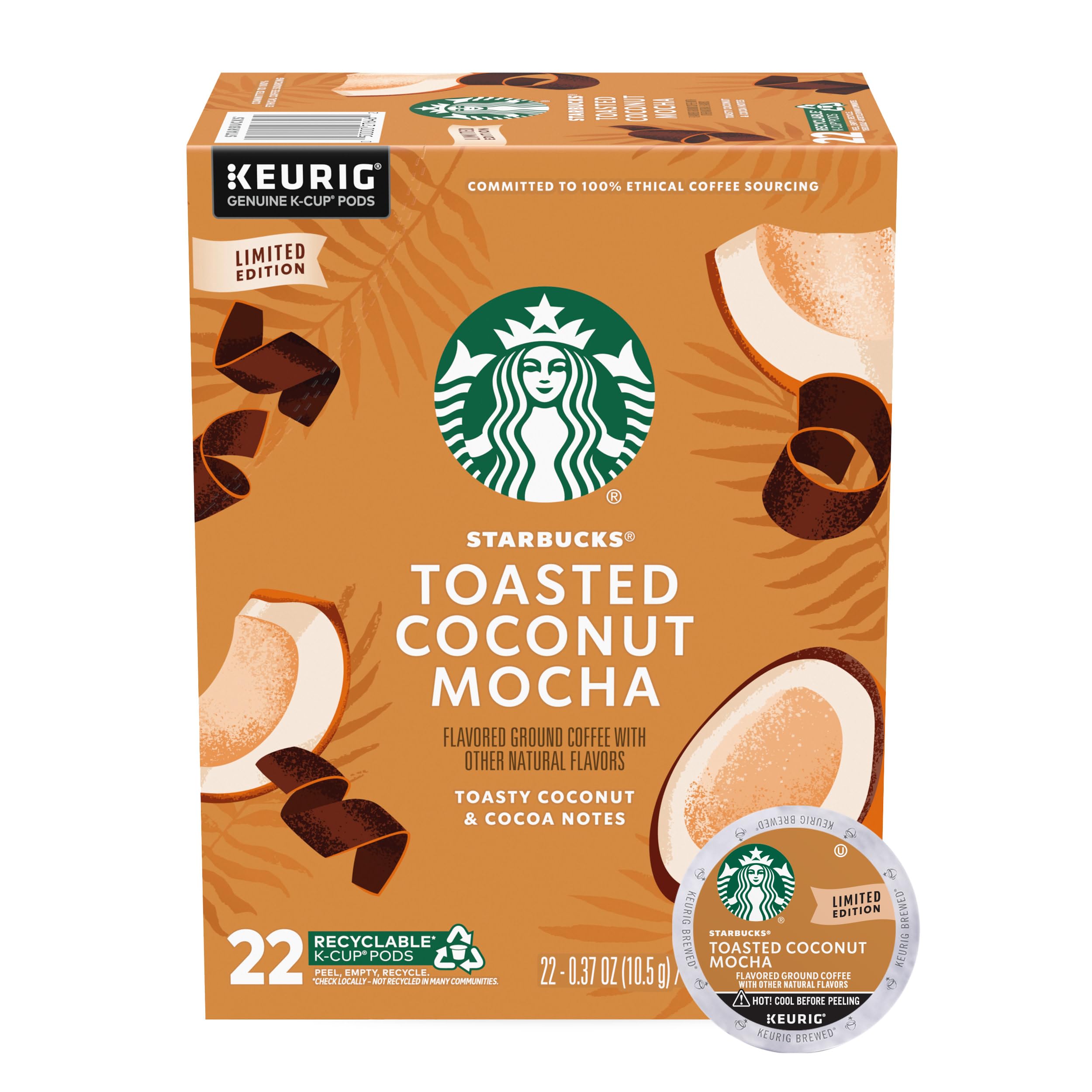 Starbucks K-Cup Coffee Pods, Toasted Coconut Mocha Flavored for Keurig Coffee Makers, 100% Arabica, Limited Edition, 1 Box (22 Pods)