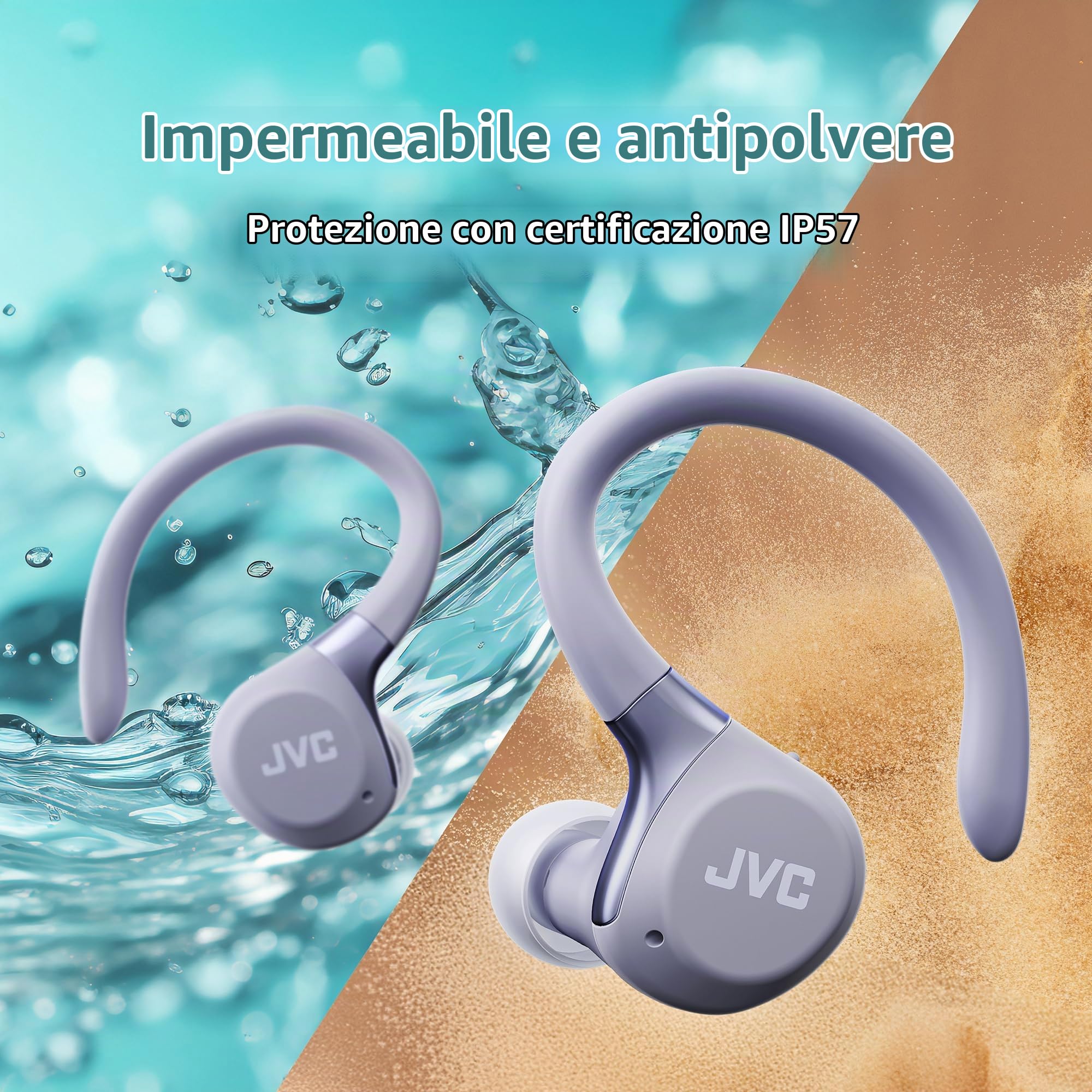 JVC HA-EC75T-V True Wireless Sport Earbuds con ganci regolabili, ANC, Modalità Ambient, IP57 impermeabili, 40h autonomia, EQ via app, bassa latenza e microfono integrato – Viola