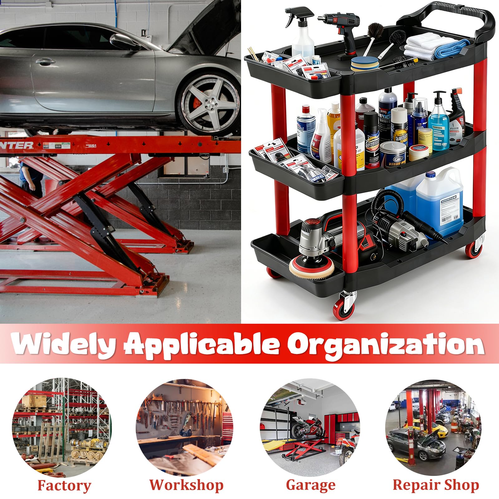 Carrello portautensili 200 kg, 3 ripiani, 3 scatole portaoggetti, carrello da officina con ruote girevoli bloccabili, carrello organizer per garage, magazzino industriale, cura dell'auto, 97,5 x 68 x