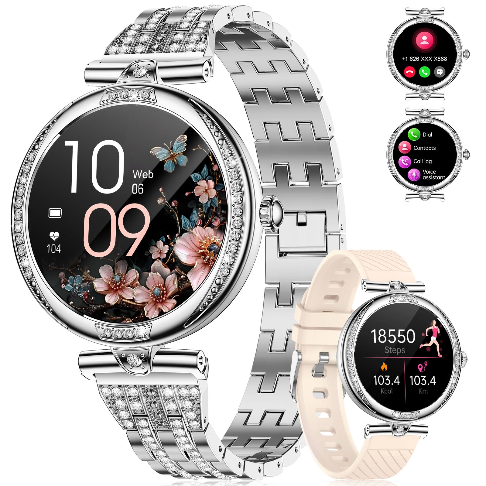 LIGE Smartwatch da donna Bluetooth chiamate per Android iOS 1.19" AMOLED Always-on Display Diamante Donna Smart Watch Piccolo Argento Acciaio Inossidabile Frequenza Cardiaca Monitor,100+ Sport Fitness
