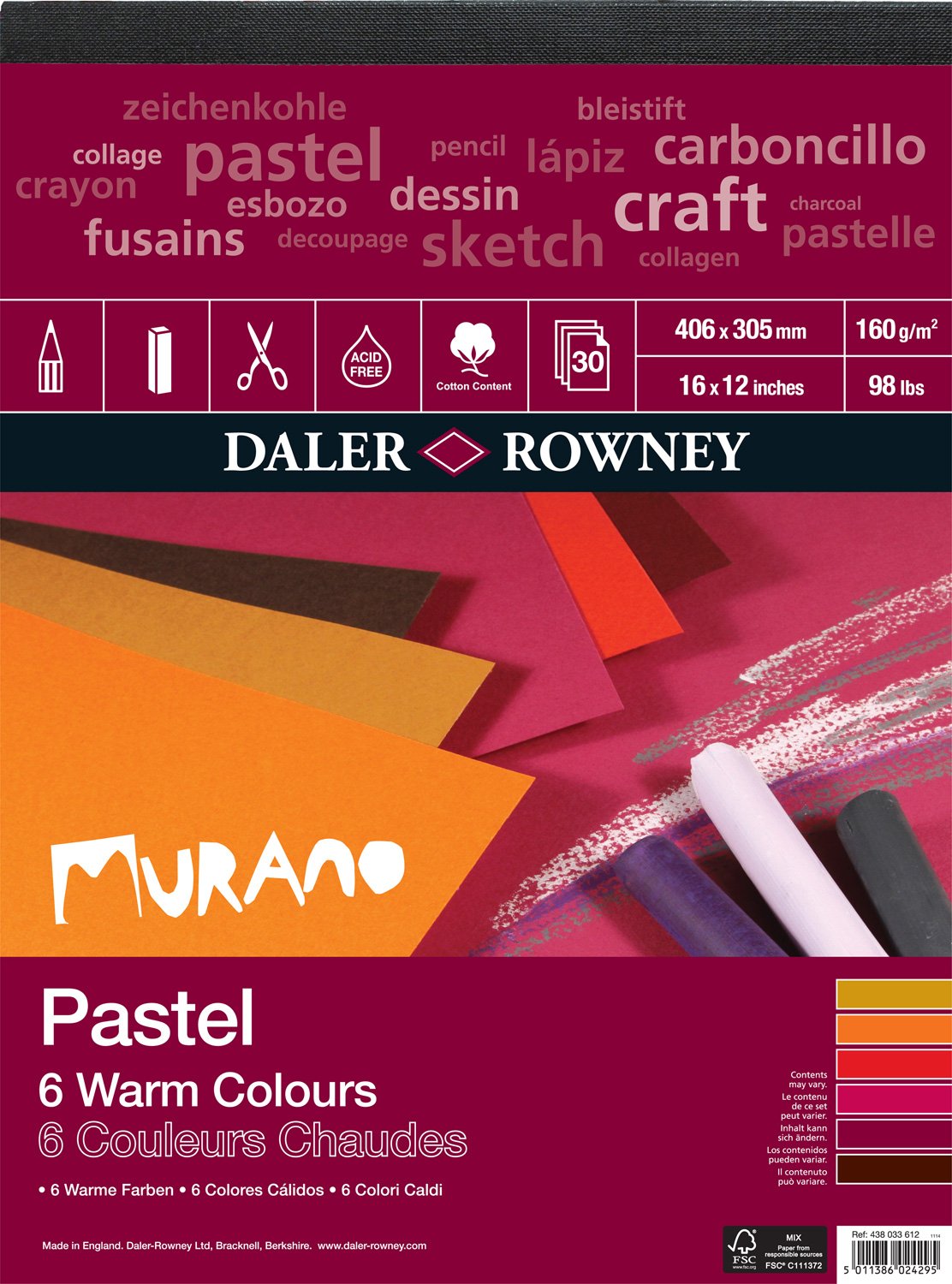 Daler-Rowney Murano 160gsm 16 x 12in Pastel Paper Pad, Honeycomb Texture, Glued 1 Side, Cotton Content, 30 Warm Colours Sheets, Ideal for Professional Artists & StudentsThe Forest Stewardship Council